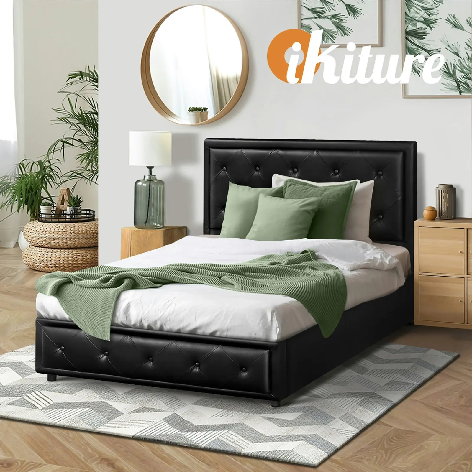 Oikiture Bed Frame King Single Size Gas Lift Base With Storage Black Leather