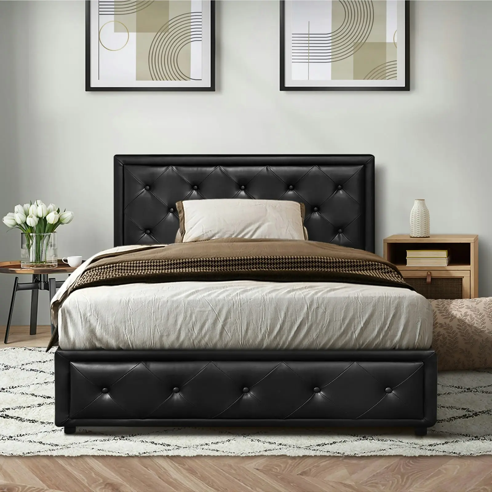 Oikiture Bed Frame King Single Size Gas Lift Base With Storage Black Leather