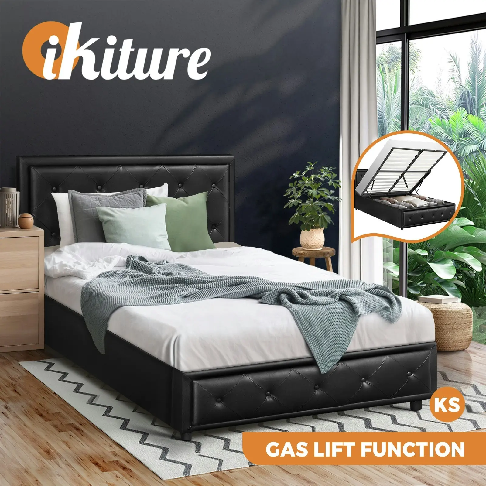 Oikiture Bed Frame King Single Size Gas Lift Base With Storage Black Leather