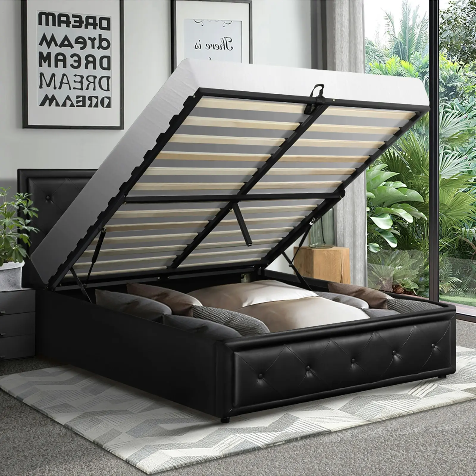 Oikiture Bed Frame King Single Size Gas Lift Base With Storage Black Leather