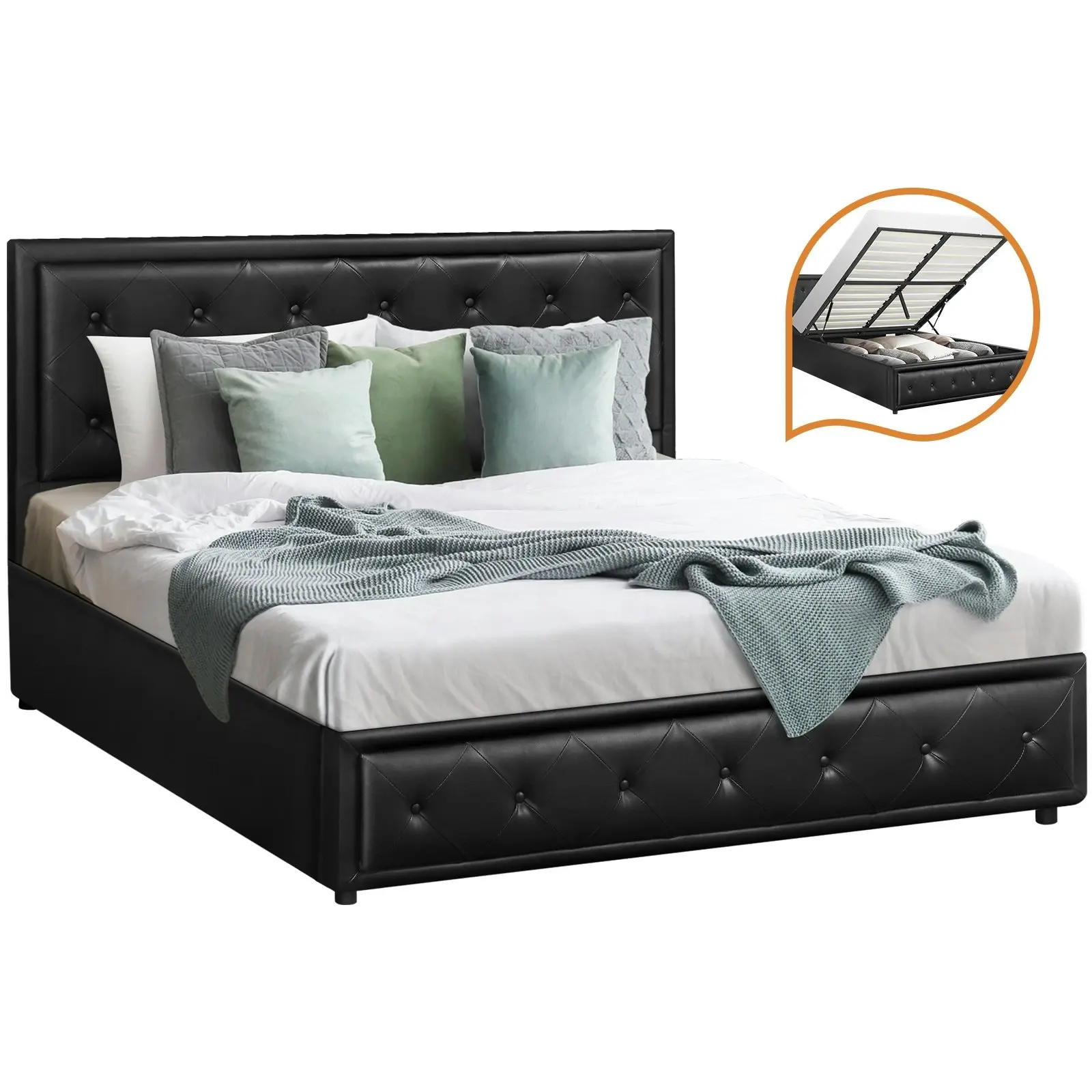 Oikiture Bed Frame Double Size Gas Lift Base With Storage Black Leather