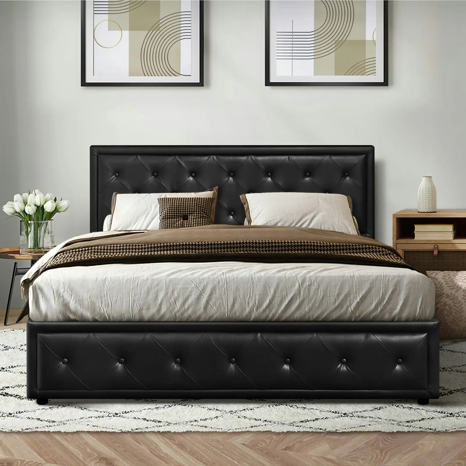 Oikiture Bed Frame Double Size Gas Lift Base With Storage Black Leather