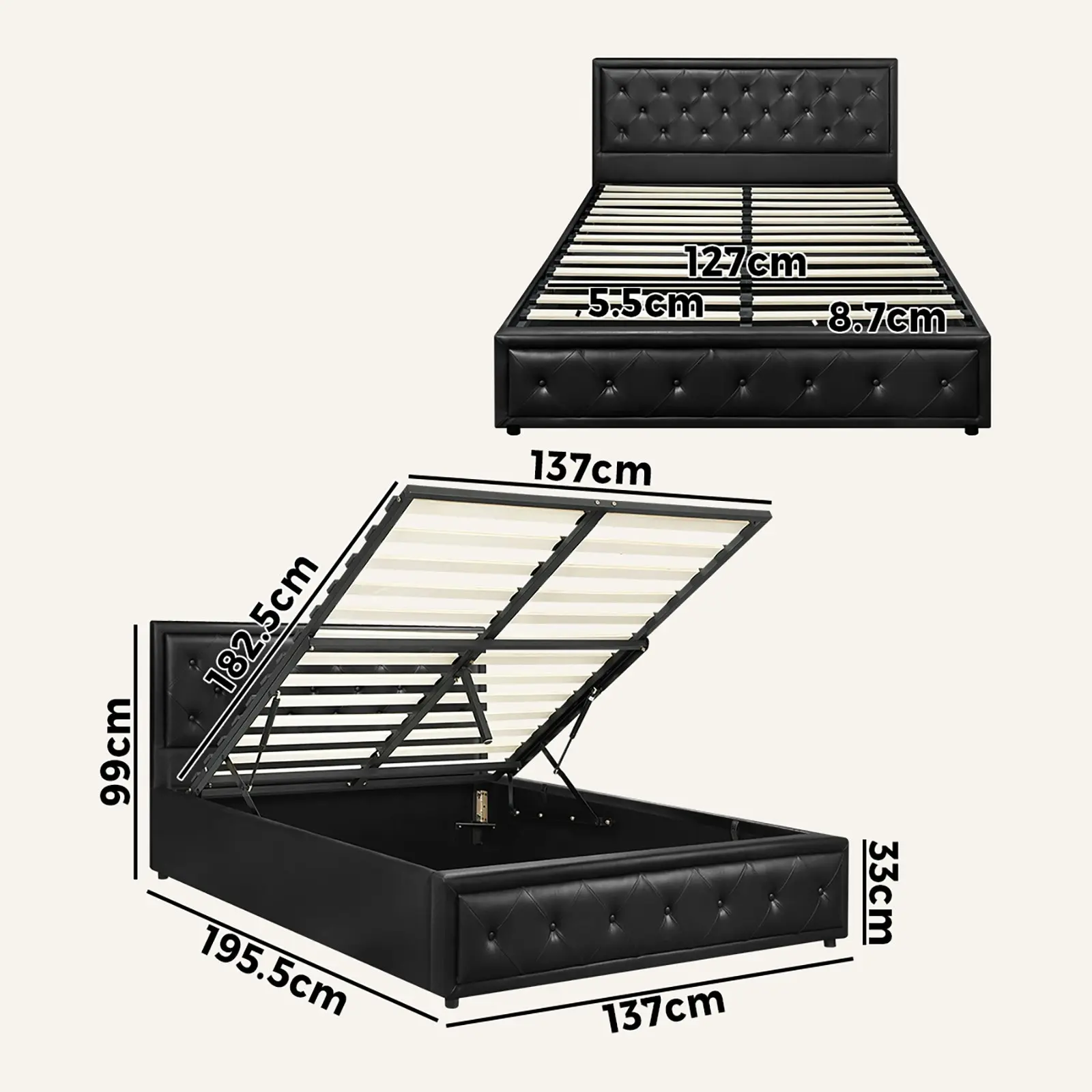 Oikiture Bed Frame Double Size Gas Lift Base With Storage Black Leather