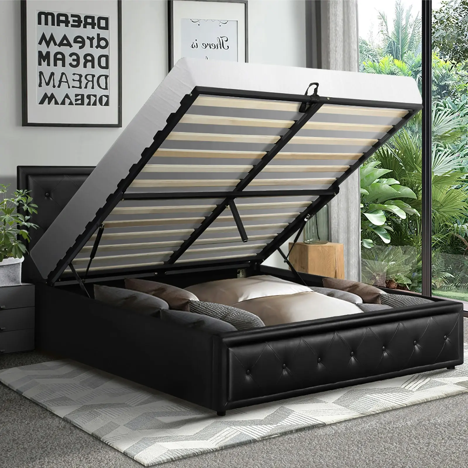 Oikiture Bed Frame Double Size Gas Lift Base With Storage Black Leather