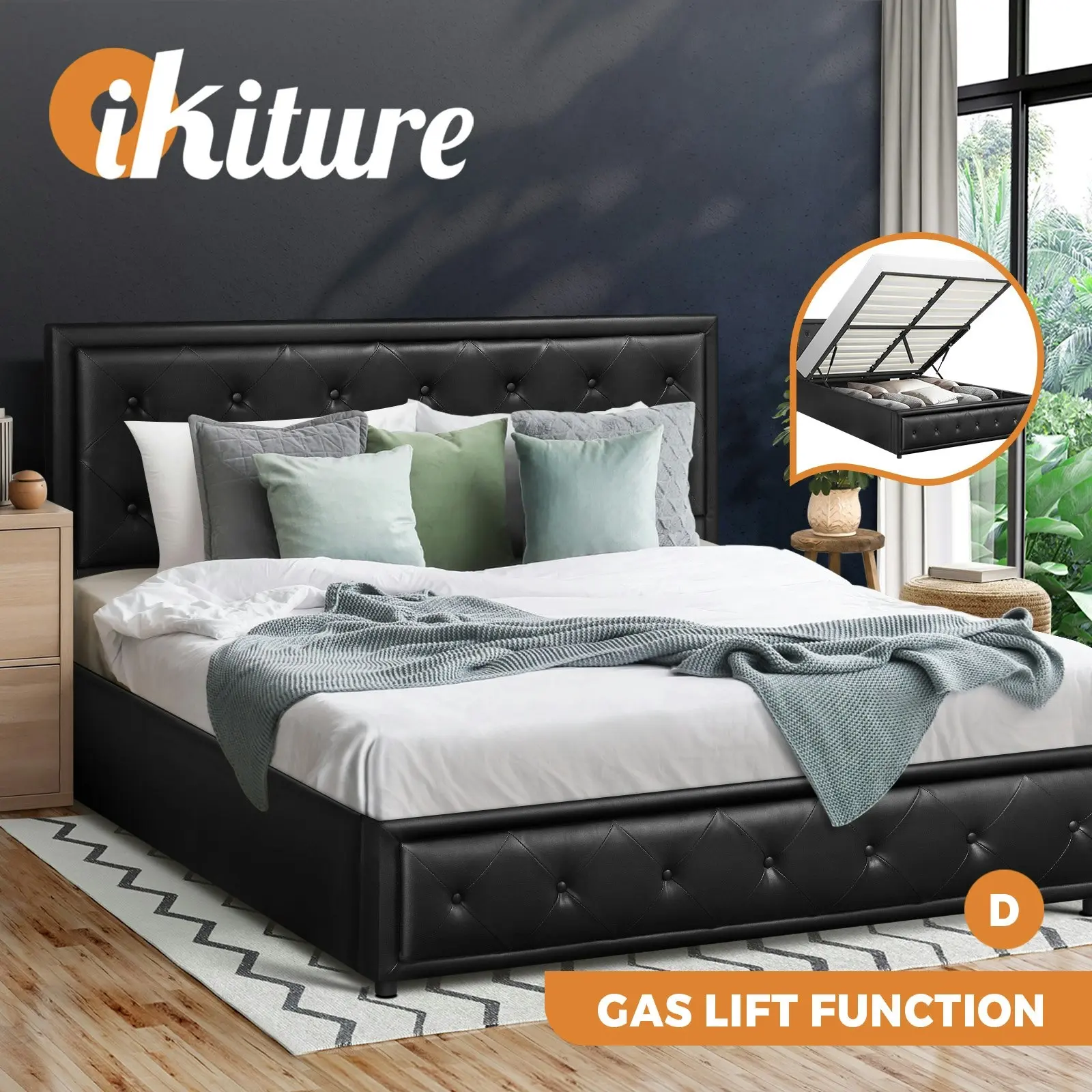 Oikiture Bed Frame Double Size Gas Lift Base With Storage Black Leather