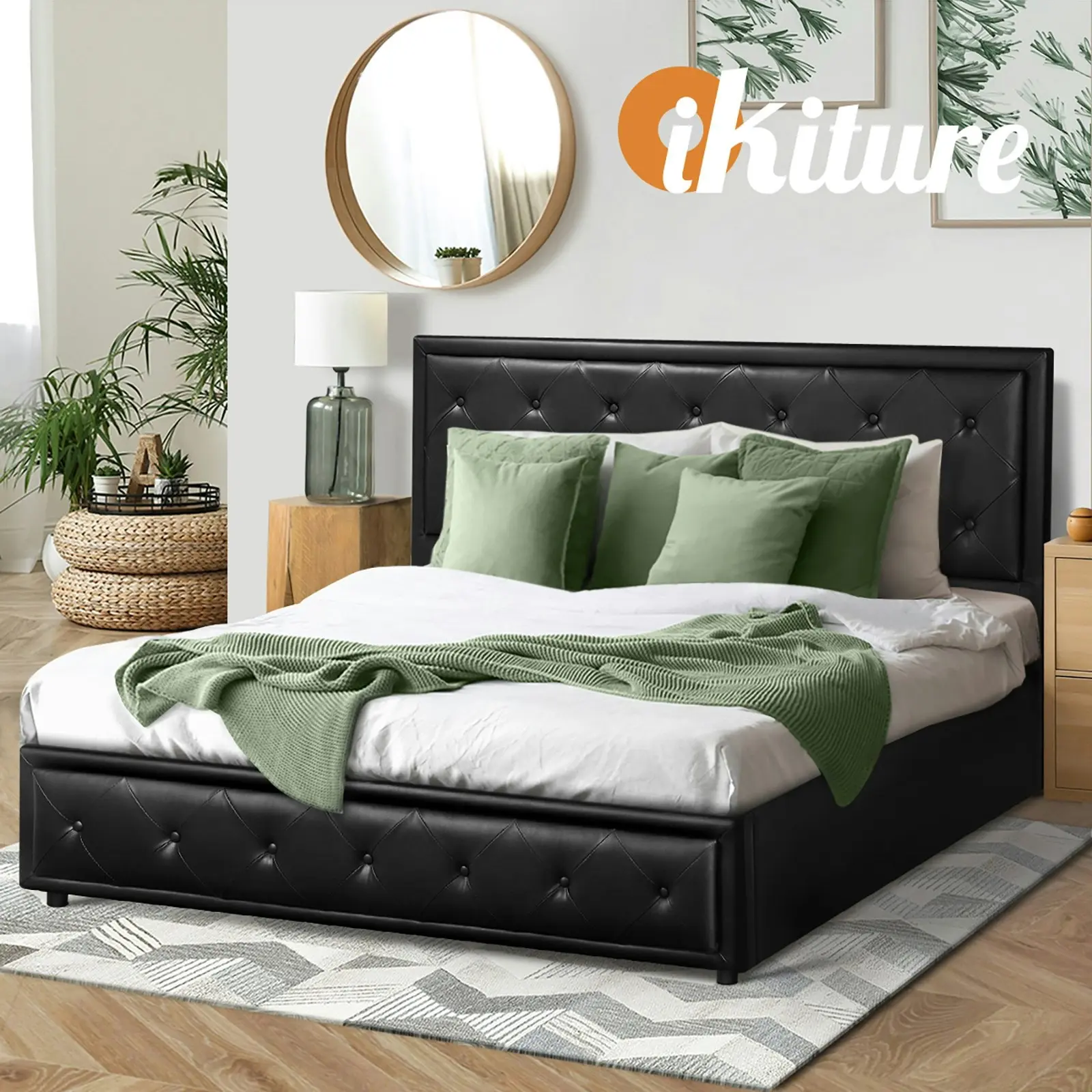 Oikiture Bed Frame Double Size Gas Lift Base With Storage Black Leather