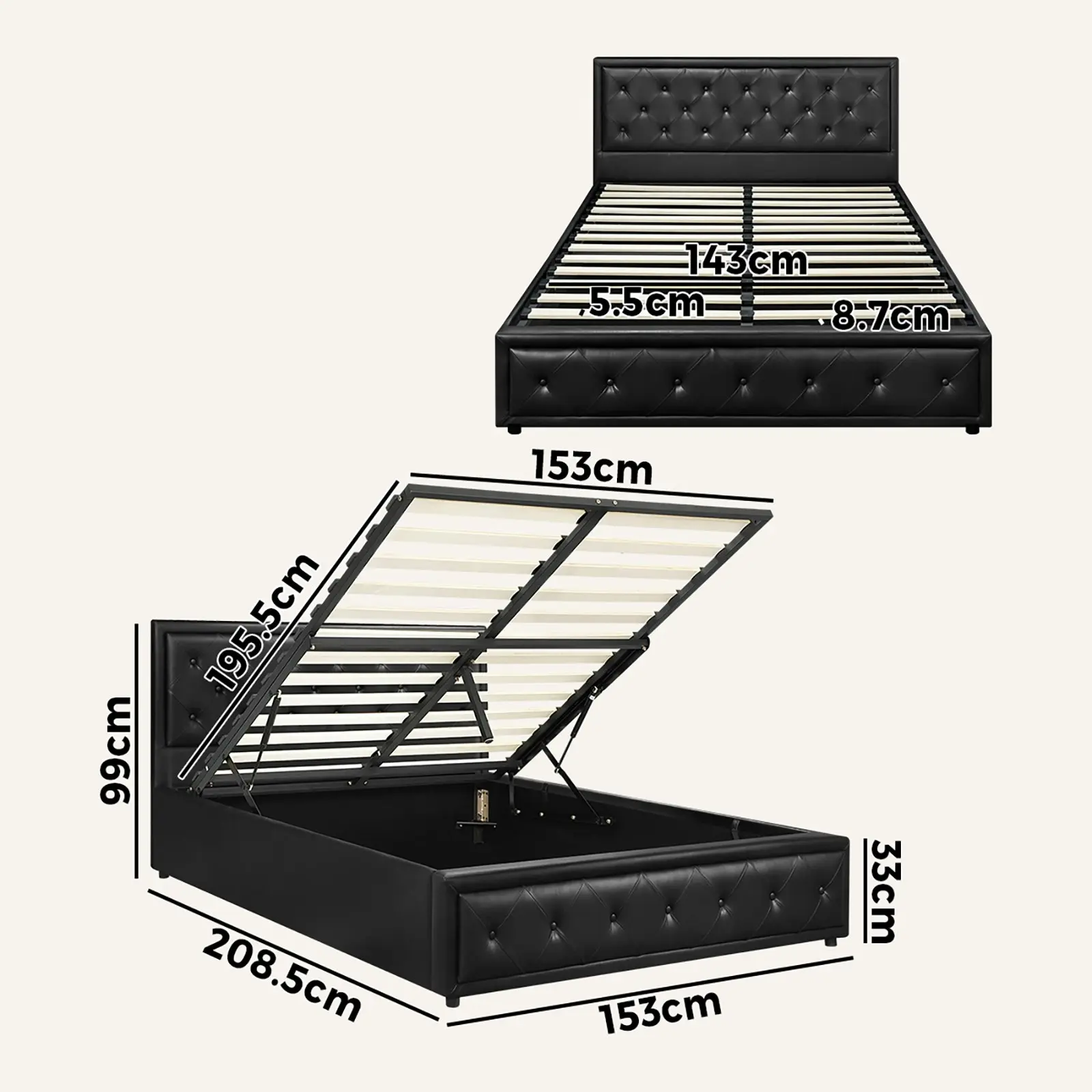 Oikiture Bed Frame Queen Size Gas Lift Base With Storage Black Leather