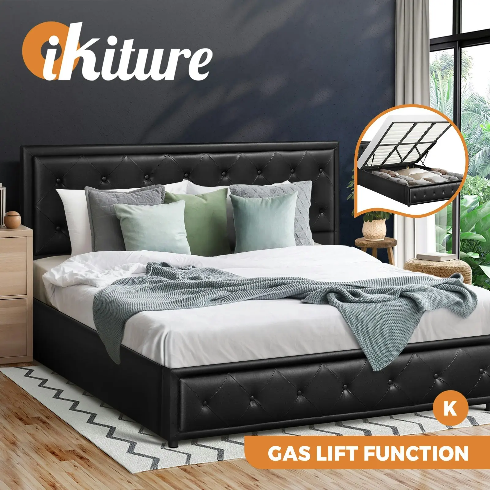 Oikiture Bed Frame King Size Gas Lift Base With Storage Black Leather