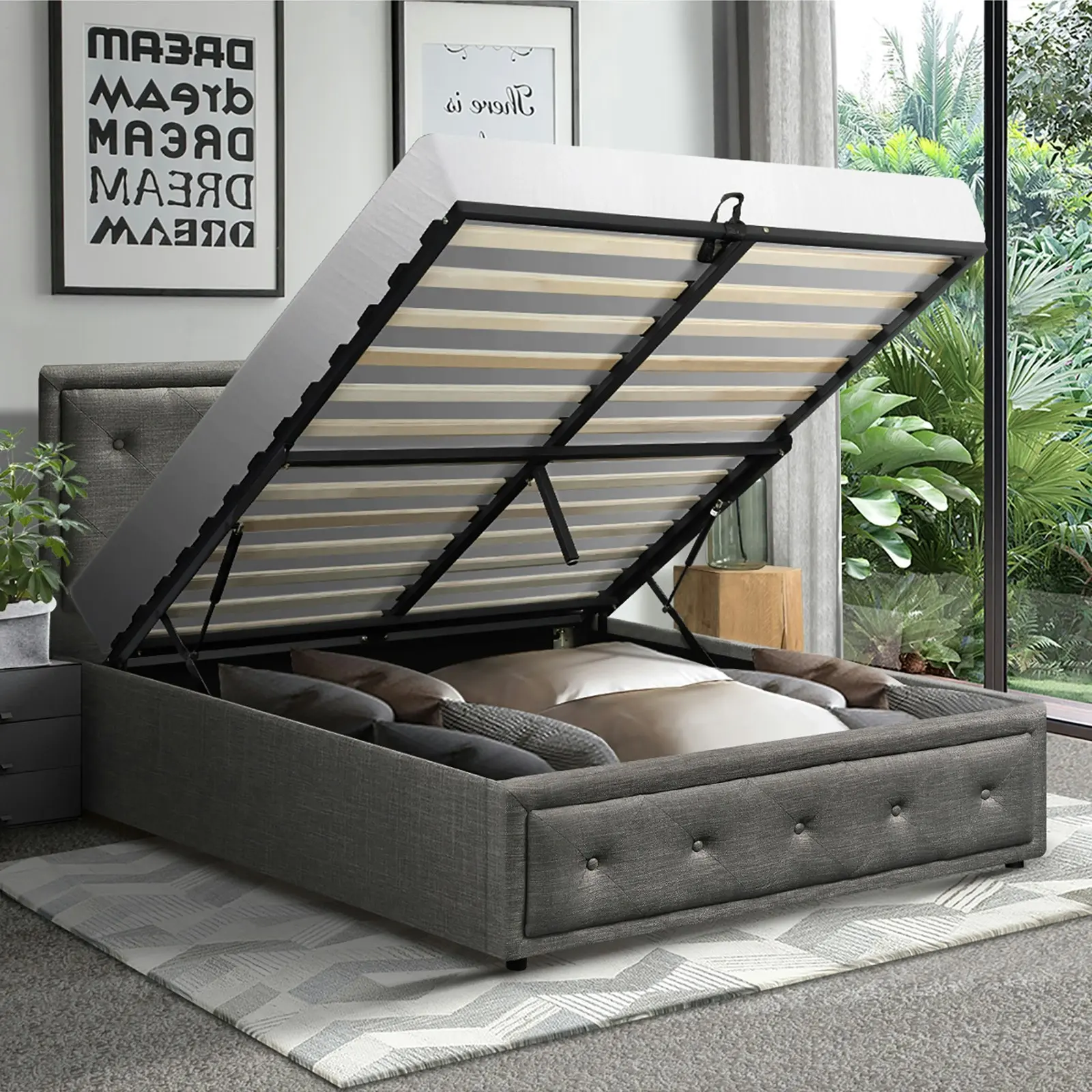 Oikiture Bed Frame King Single Size Gas Lift Base With Storage Grey Fabric