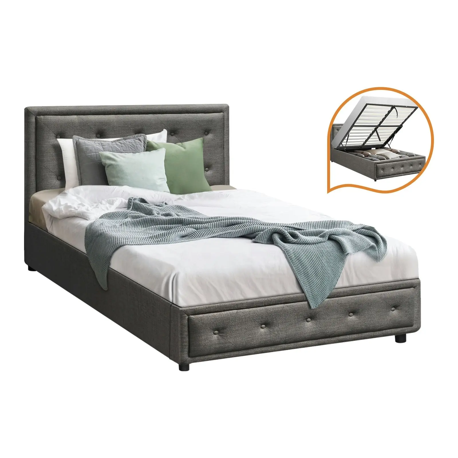 Oikiture Bed Frame King Single Size Gas Lift Base With Storage Grey Fabric