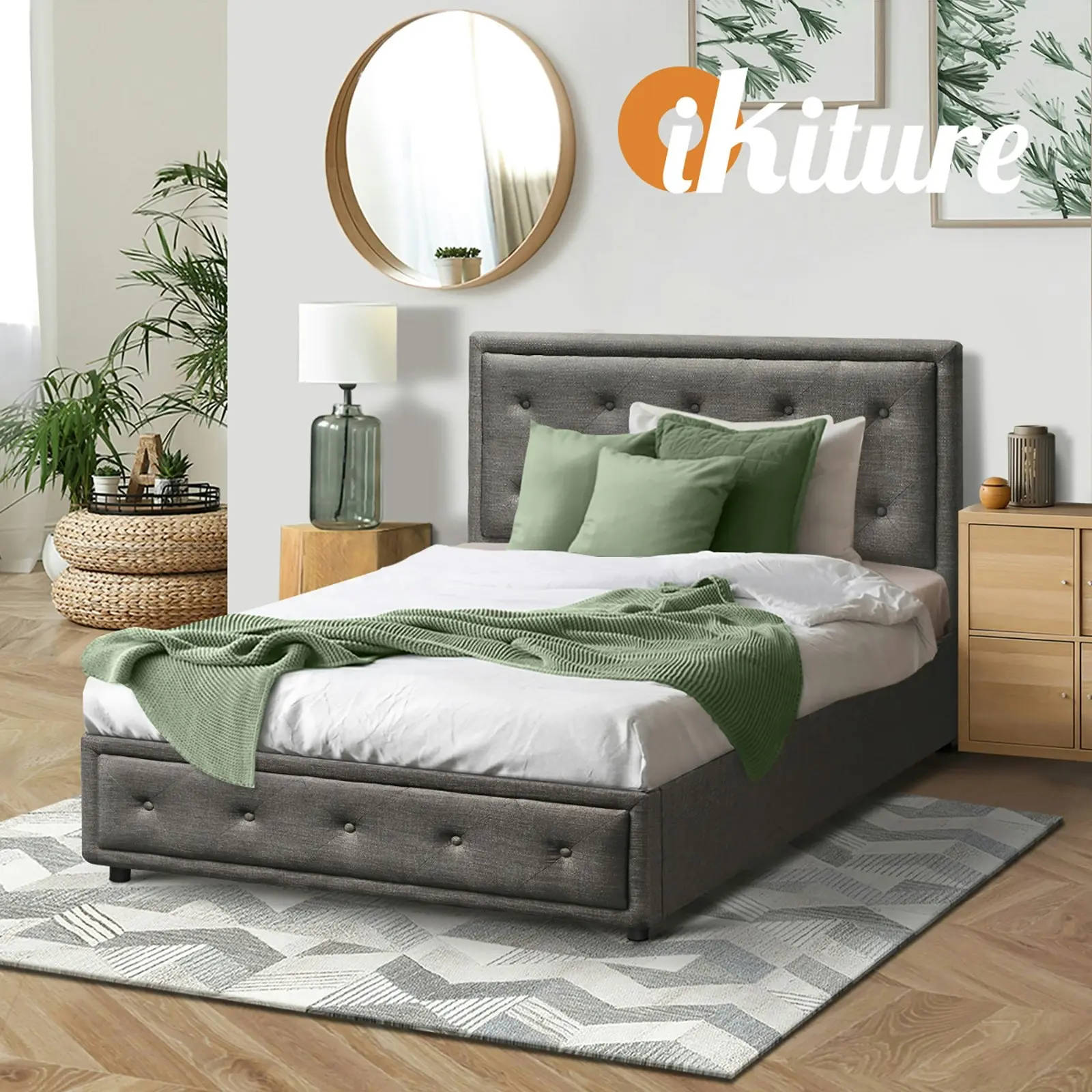 Oikiture Bed Frame King Single Size Gas Lift Base With Storage Grey Fabric