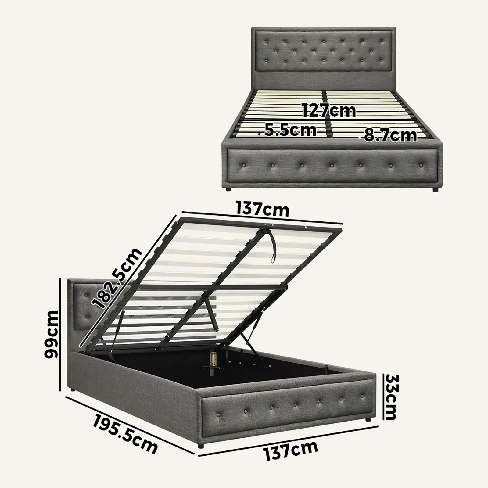 Oikiture Bed Frame Double Size Gas Lift Base With Storage Grey Fabric