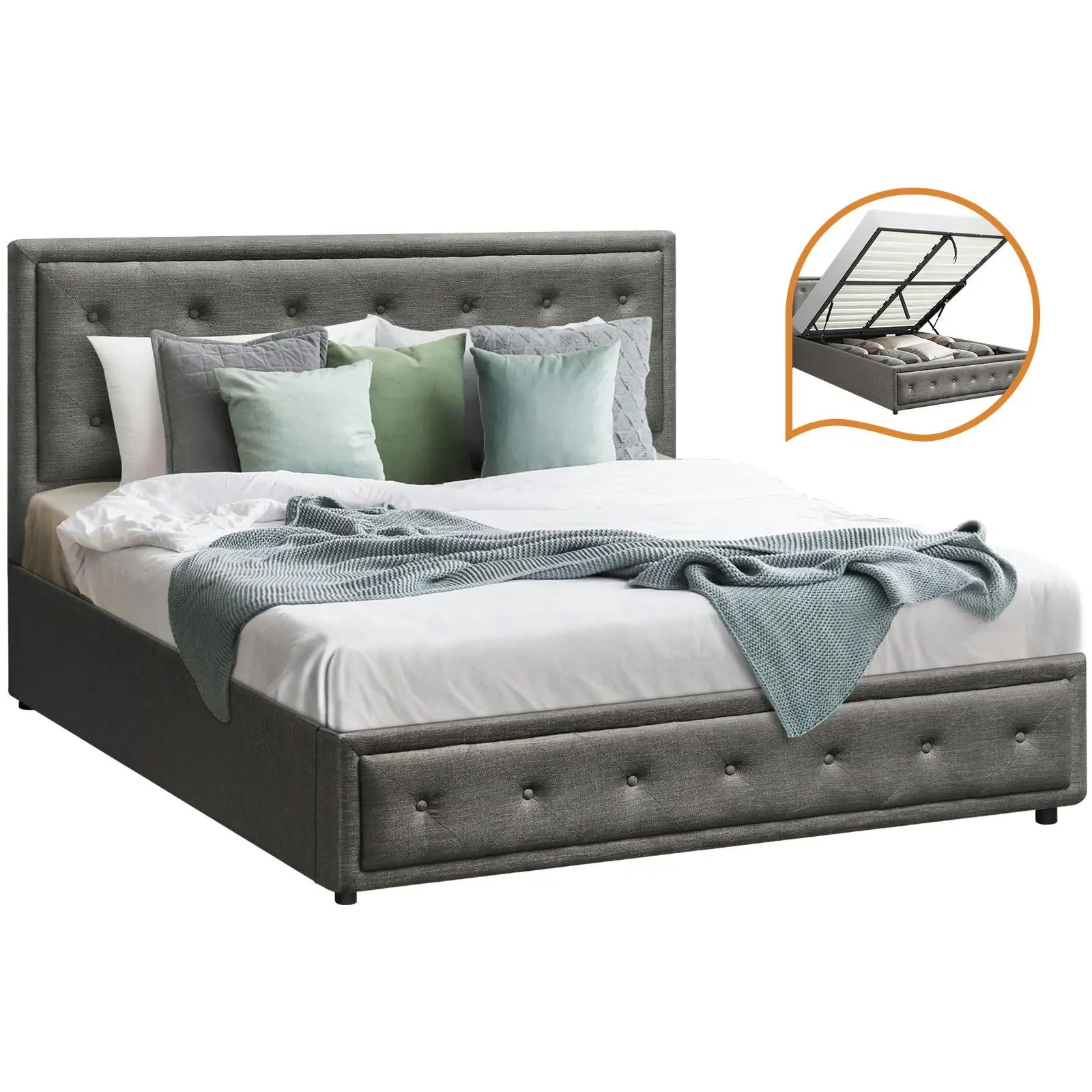 Oikiture Bed Frame Double Size Gas Lift Base With Storage Grey Fabric