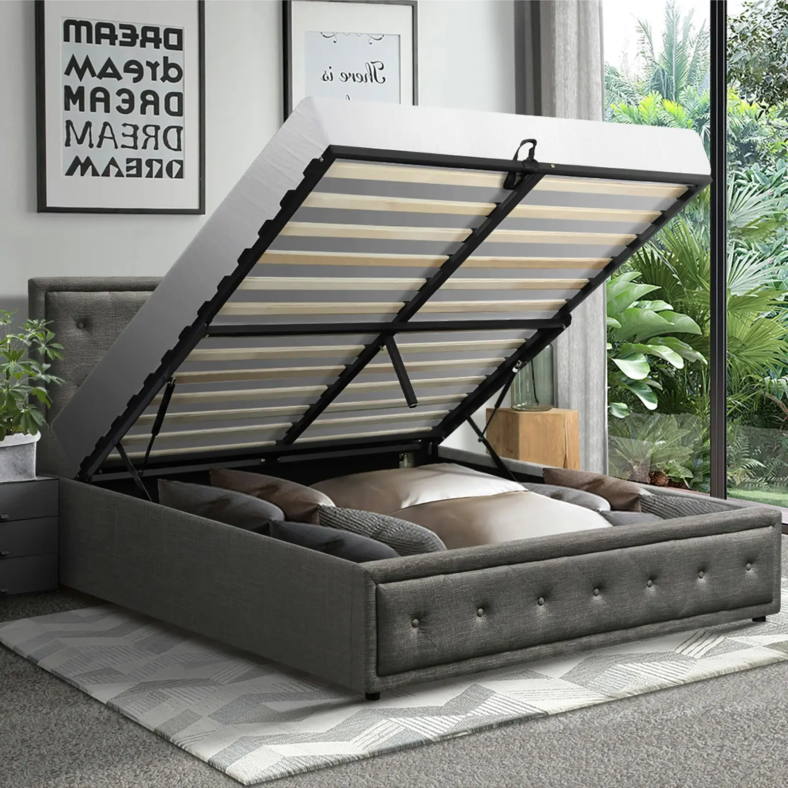 Oikiture Bed Frame Double Size Gas Lift Base With Storage Grey Fabric