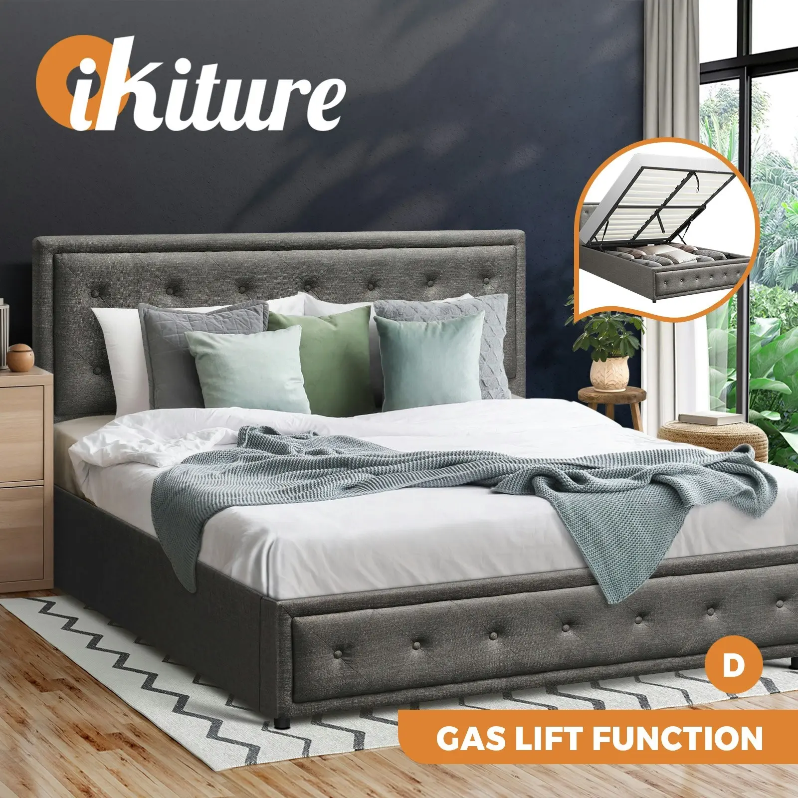 Oikiture Bed Frame Double Size Gas Lift Base With Storage Grey Fabric