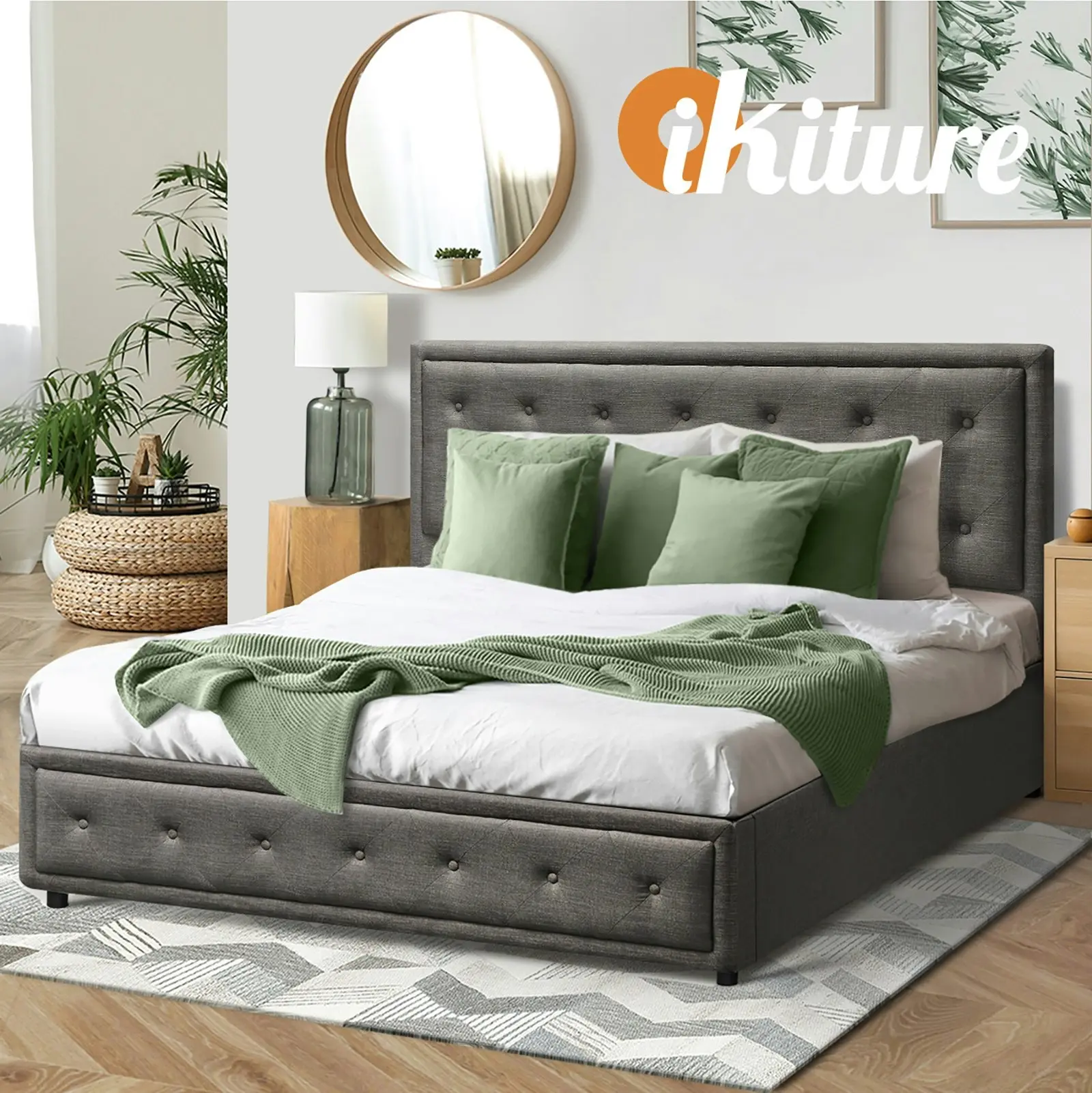 Oikiture Bed Frame Double Size Gas Lift Base With Storage Grey Fabric