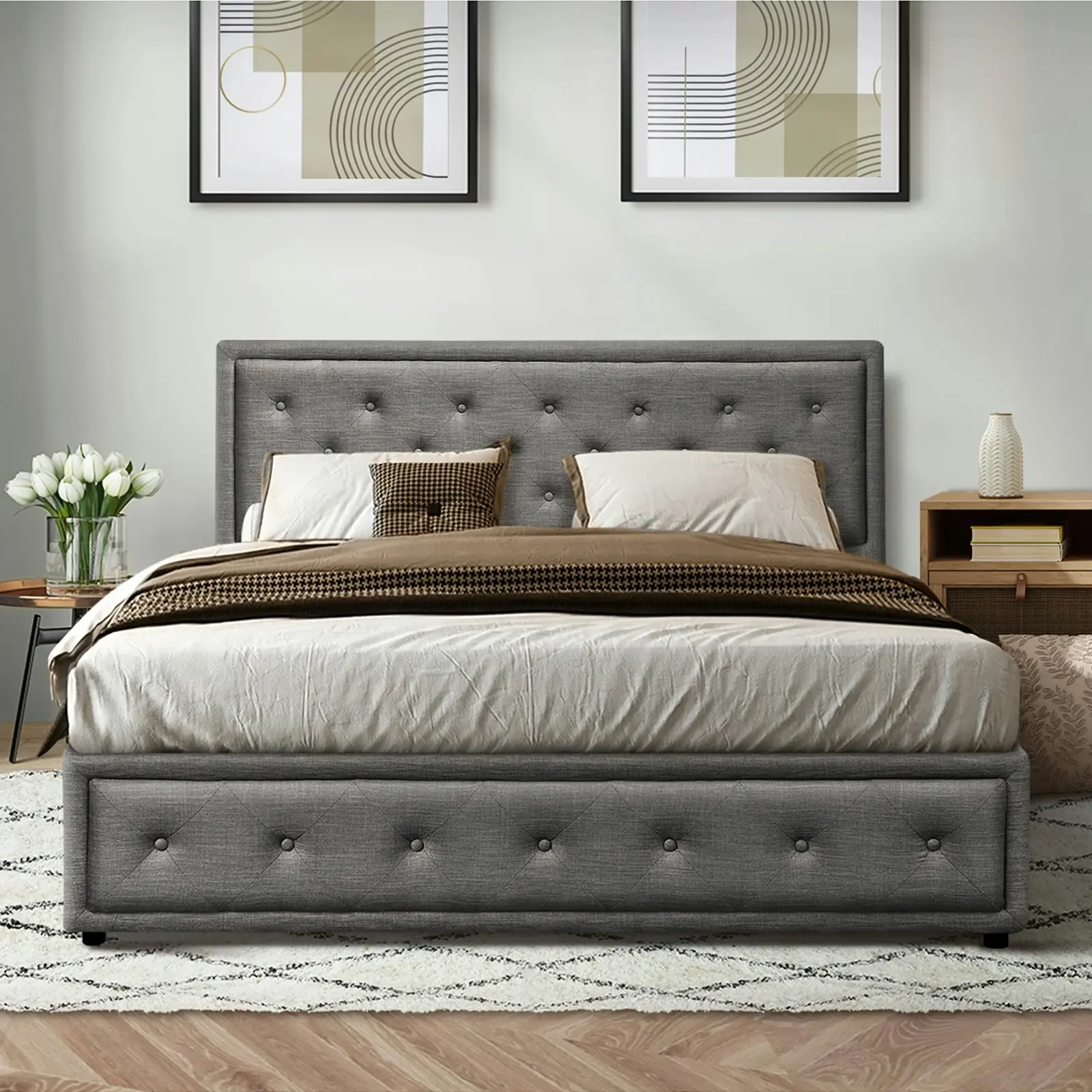 Oikiture Bed Frame Double Size Gas Lift Base With Storage Grey Fabric