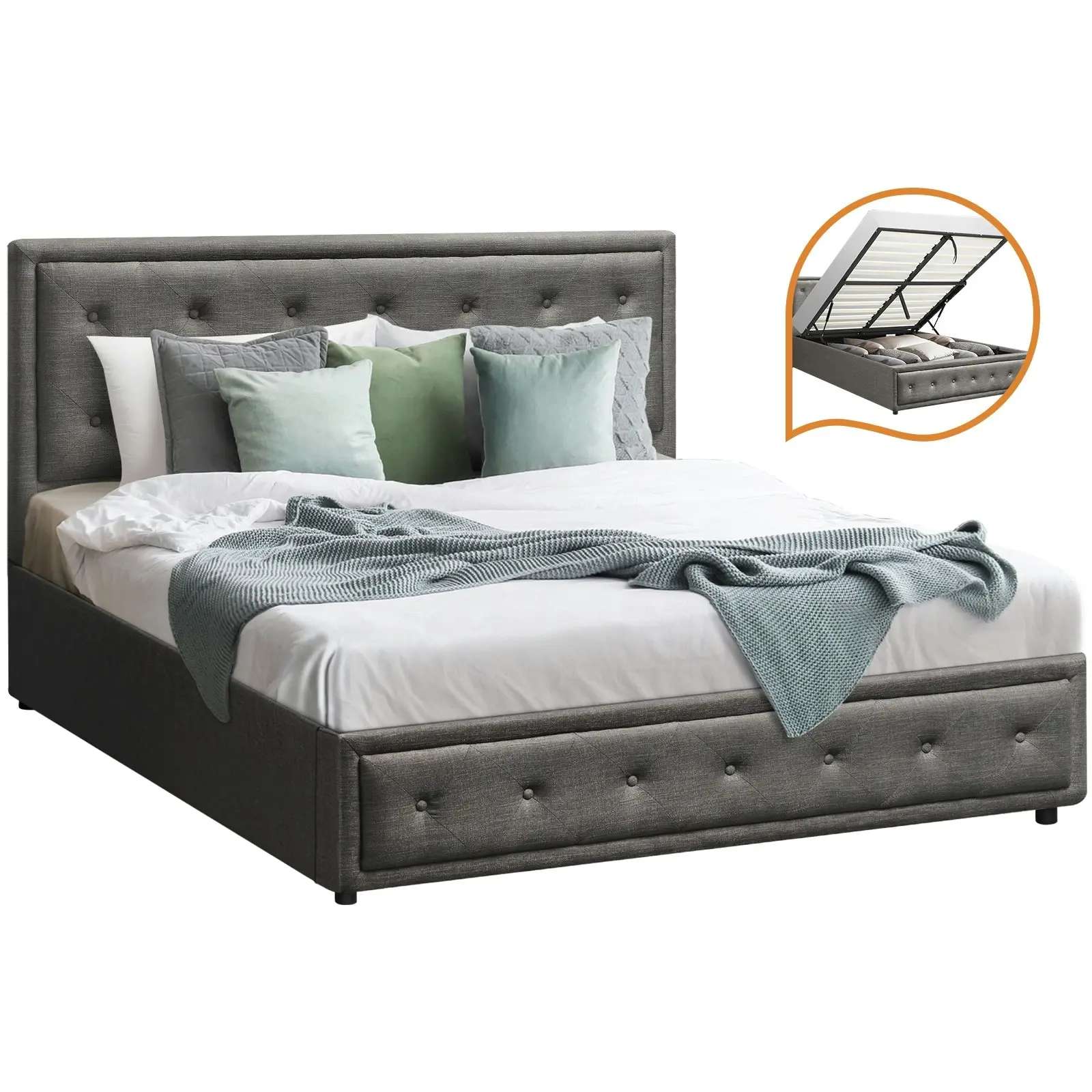 Oikiture Bed Frame Queen Size Gas Lift Base With Storage Grey Fabric