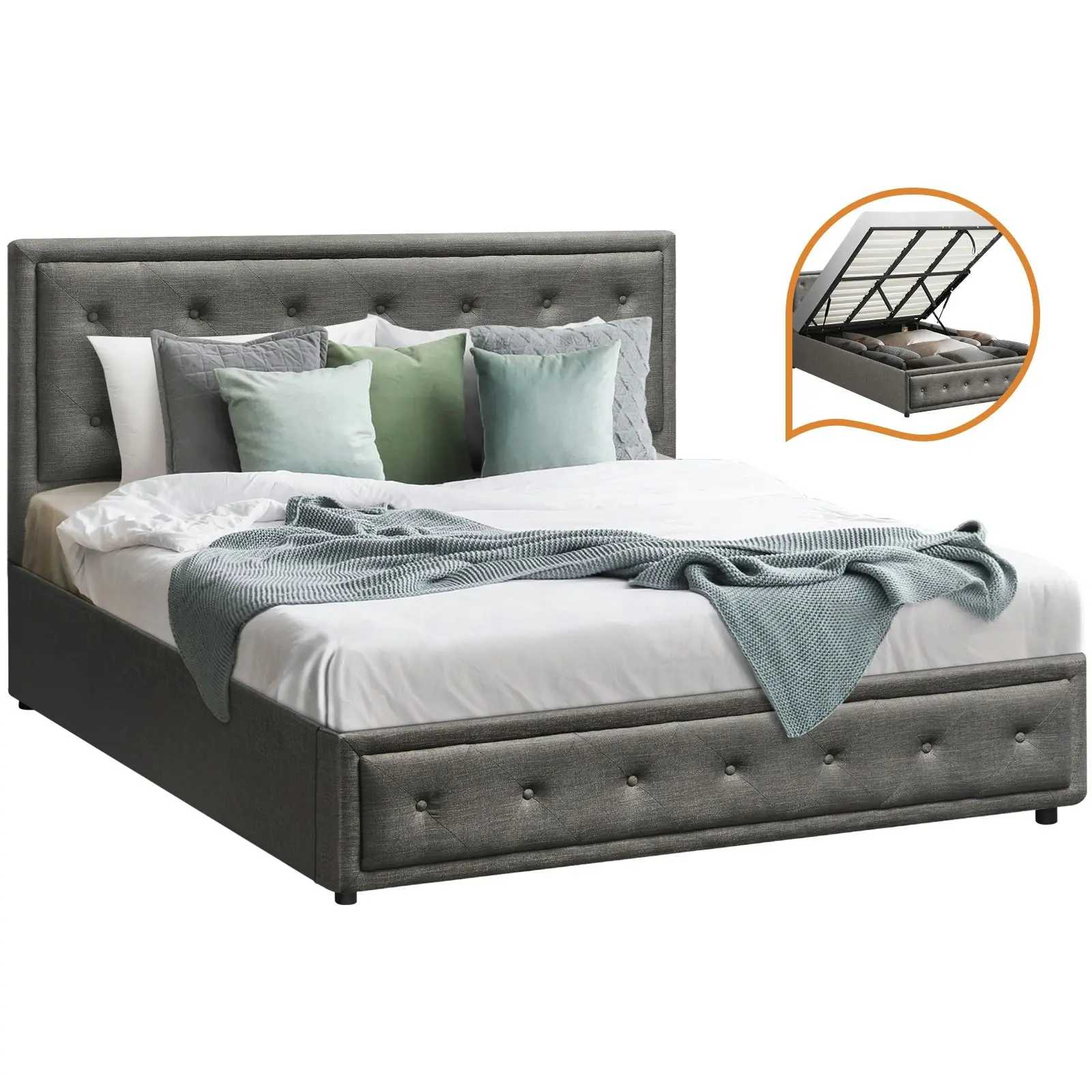 Oikiture Bed Frame King Size Gas Lift Base With Storage Grey Fabric