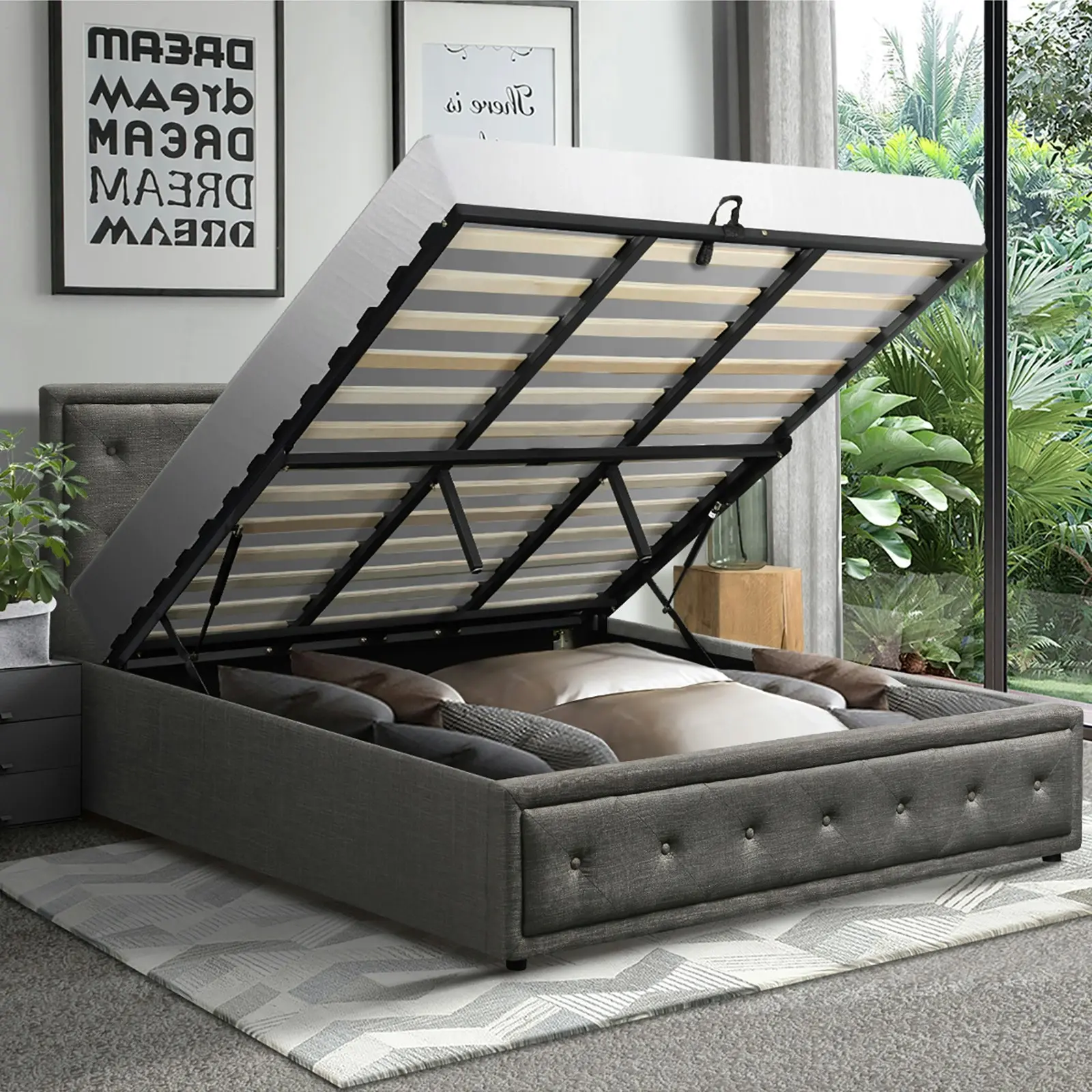 Oikiture Bed Frame King Size Gas Lift Base With Storage Grey Fabric