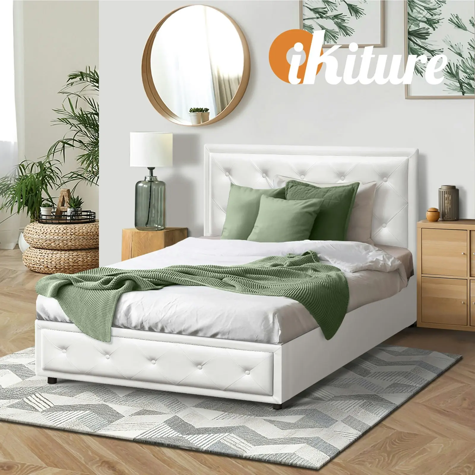 Oikiture Bed Frame King Single Size Gas Lift Base With Storage White Leather