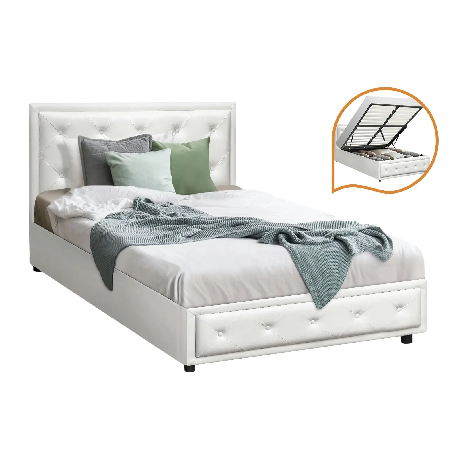 Oikiture Bed Frame King Single Size Gas Lift Base With Storage White Leather