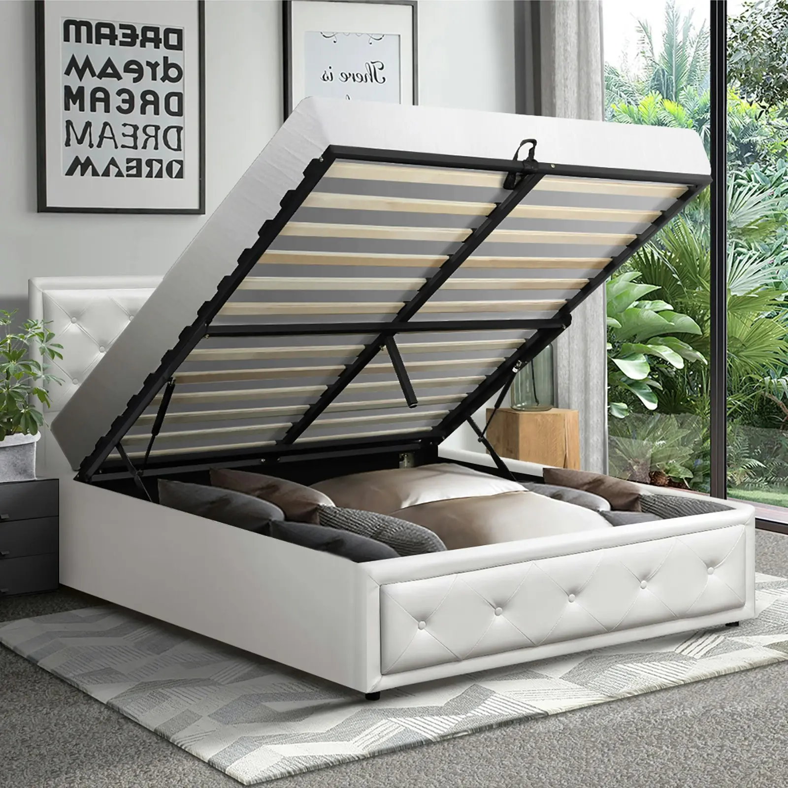 Oikiture Bed Frame King Single Size Gas Lift Base With Storage White Leather