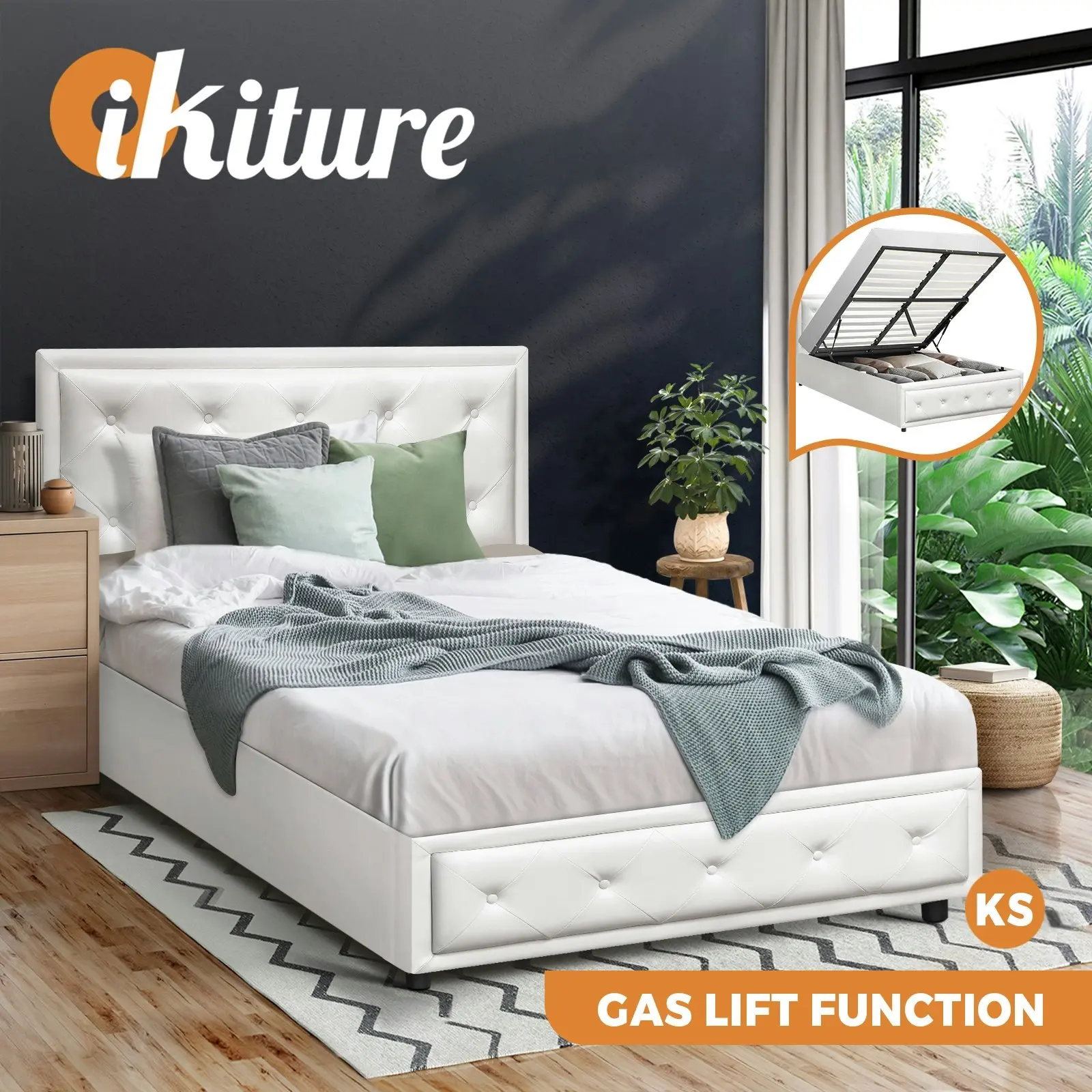 Oikiture Bed Frame King Single Size Gas Lift Base With Storage White Leather