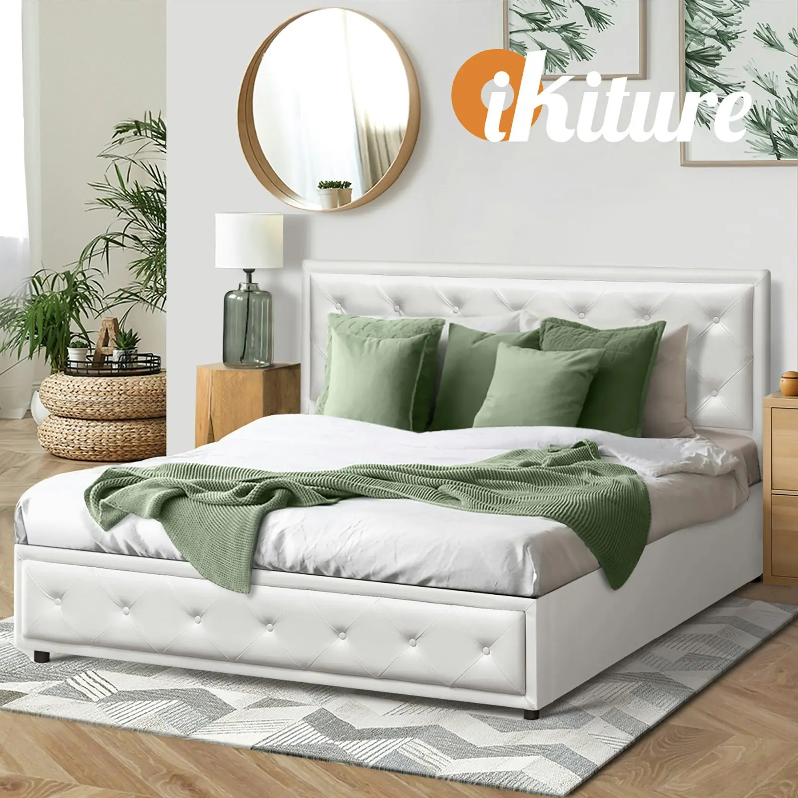 Oikiture Bed Frame Double Size Gas Lift Base With Storage White Leather