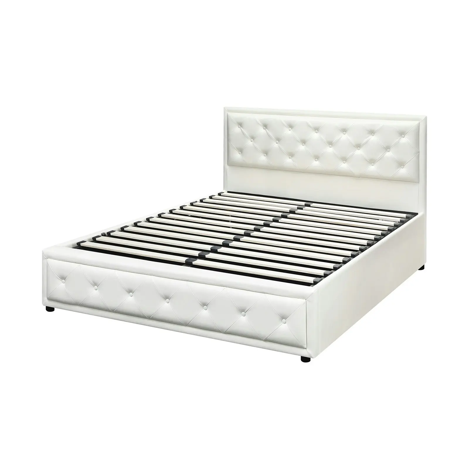 Oikiture Bed Frame Double Size Gas Lift Base With Storage White Leather