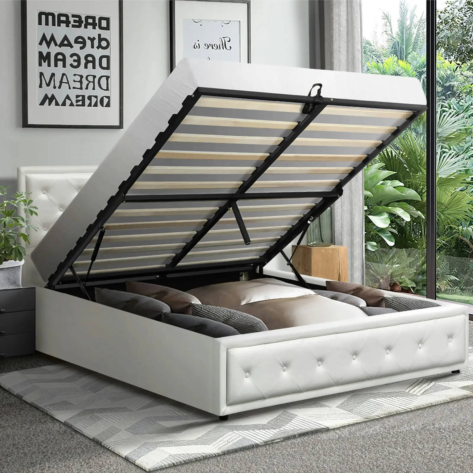 Oikiture Bed Frame Double Size Gas Lift Base With Storage White Leather