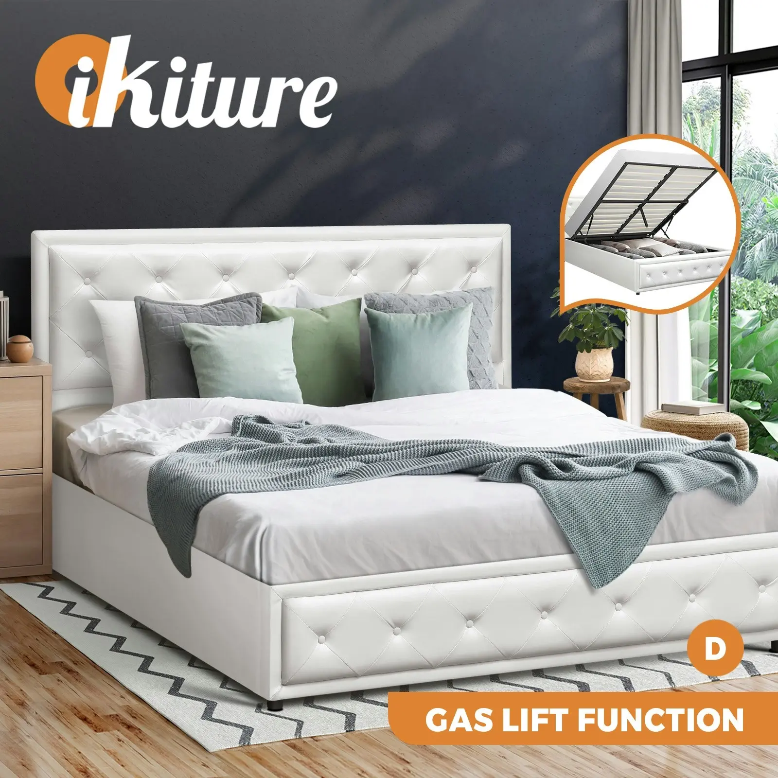 Oikiture Bed Frame Double Size Gas Lift Base With Storage White Leather