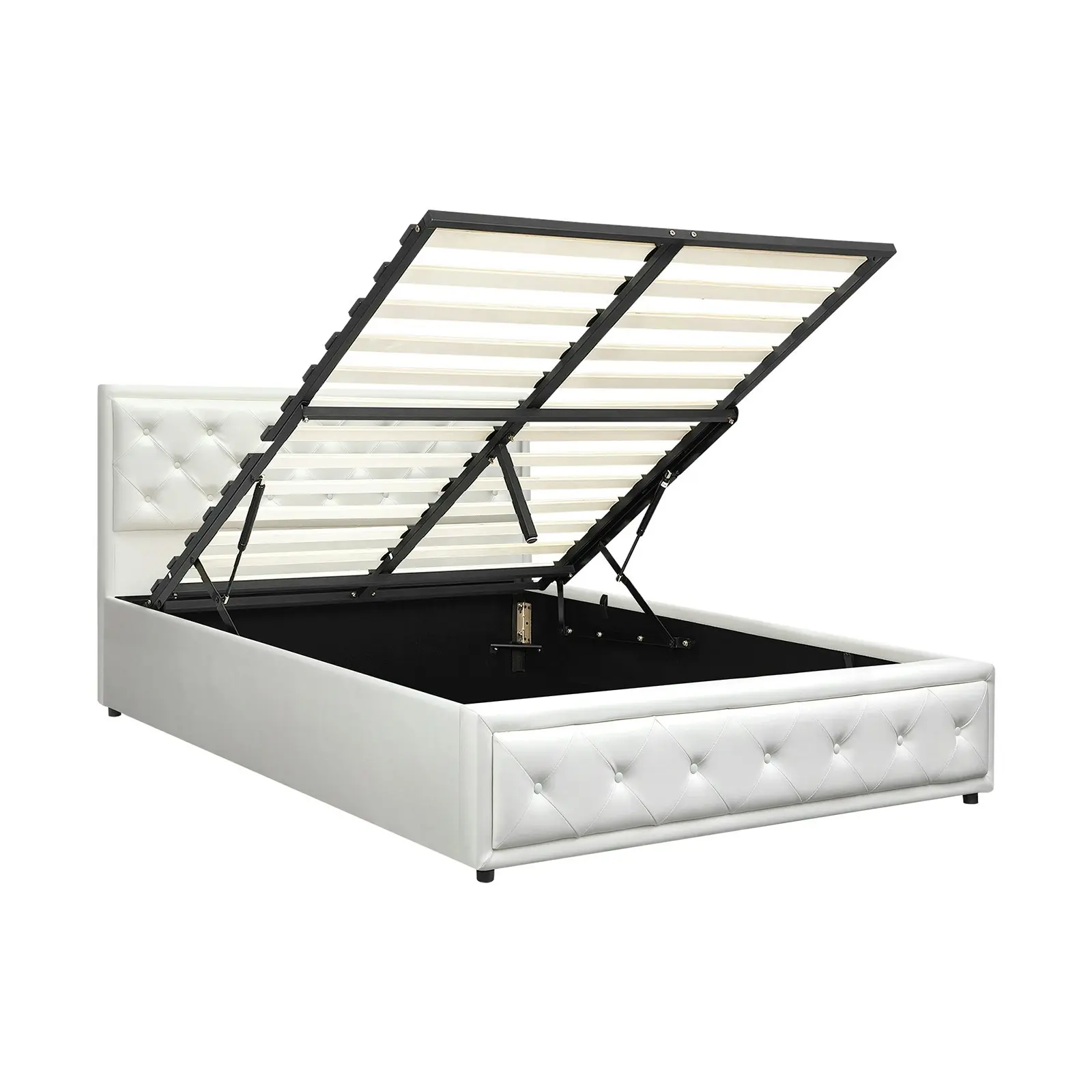 Oikiture Bed Frame Double Size Gas Lift Base With Storage White Leather