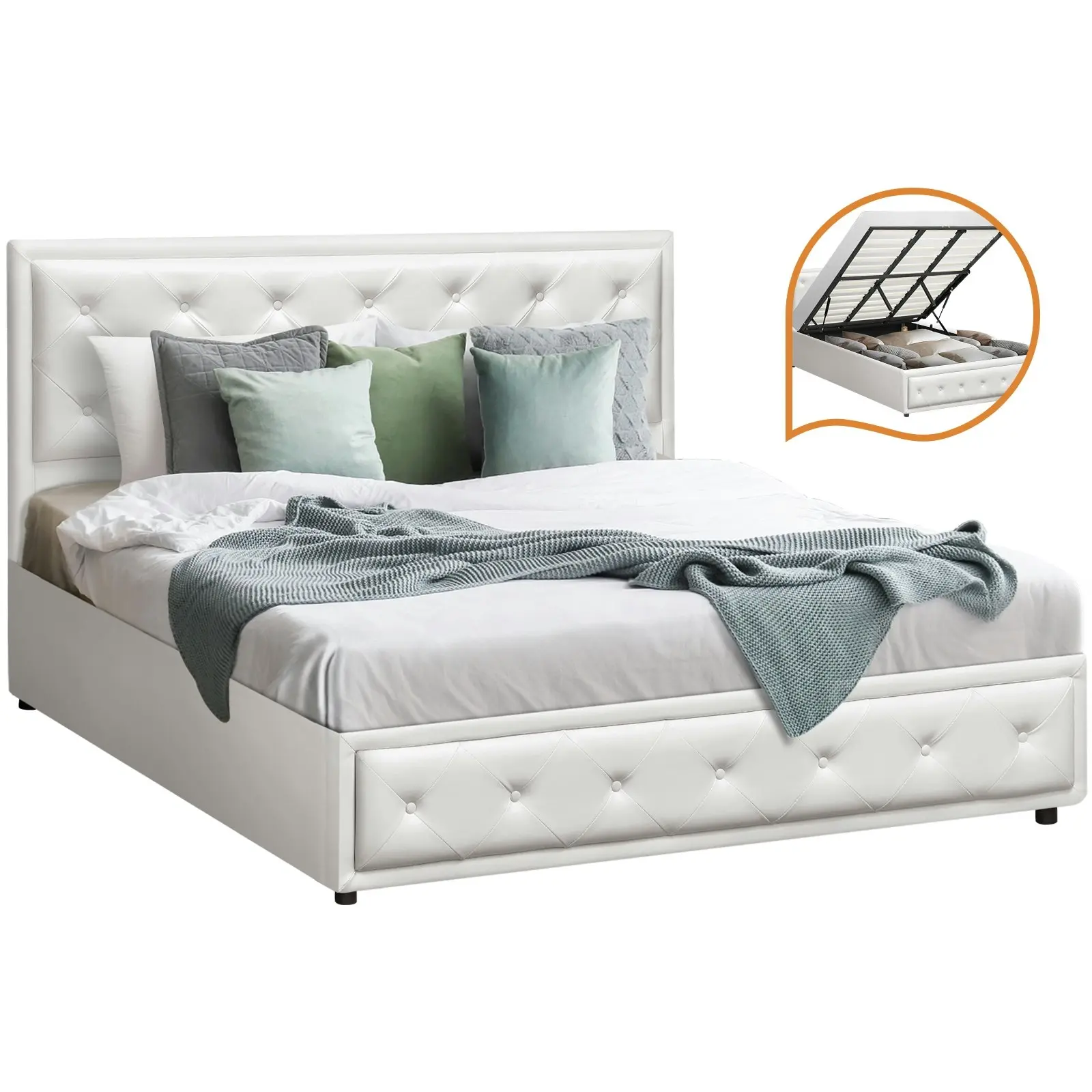 Oikiture Bed Frame King Size Gas Lift Base With Storage White Leather