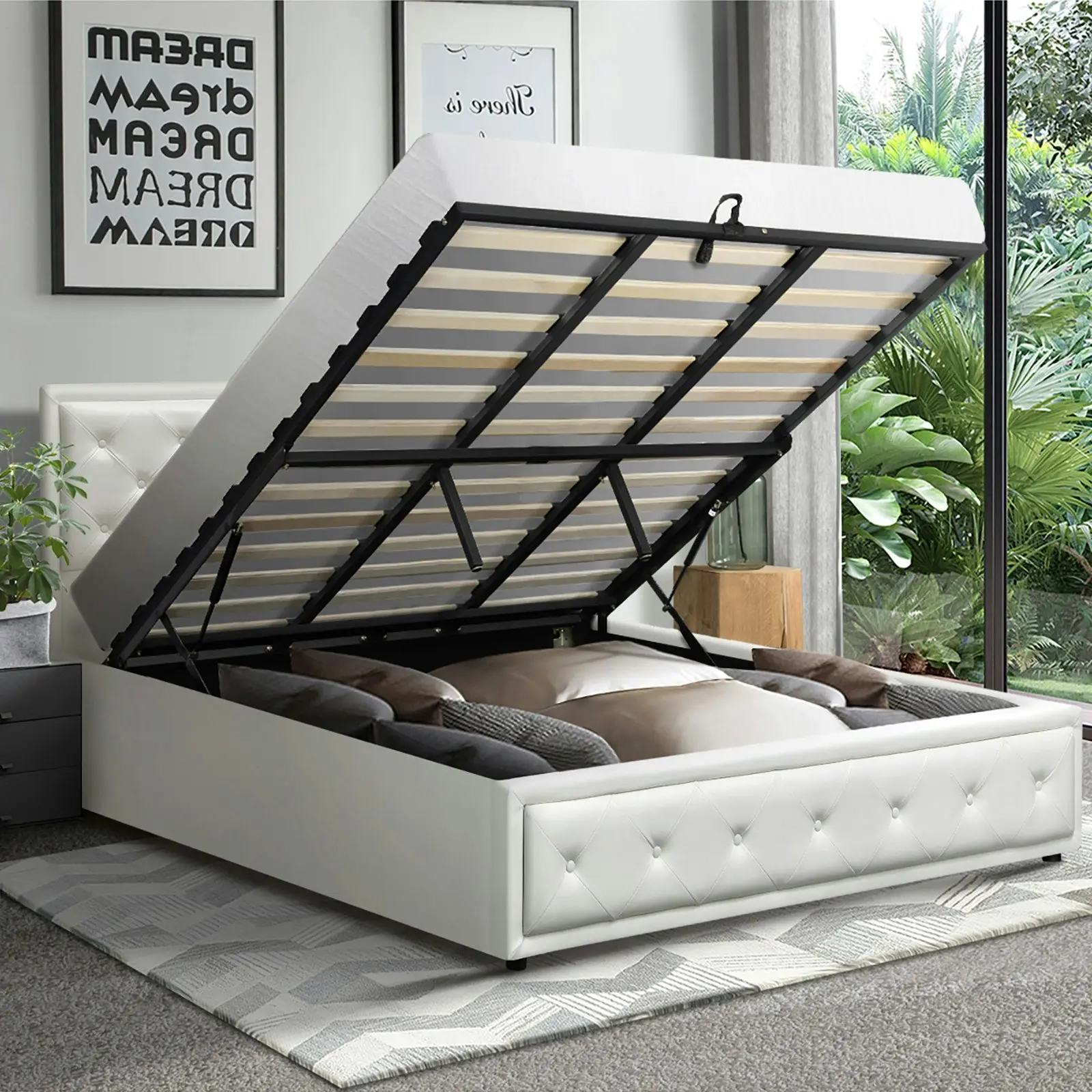 Oikiture Bed Frame King Size Gas Lift Base With Storage White Leather