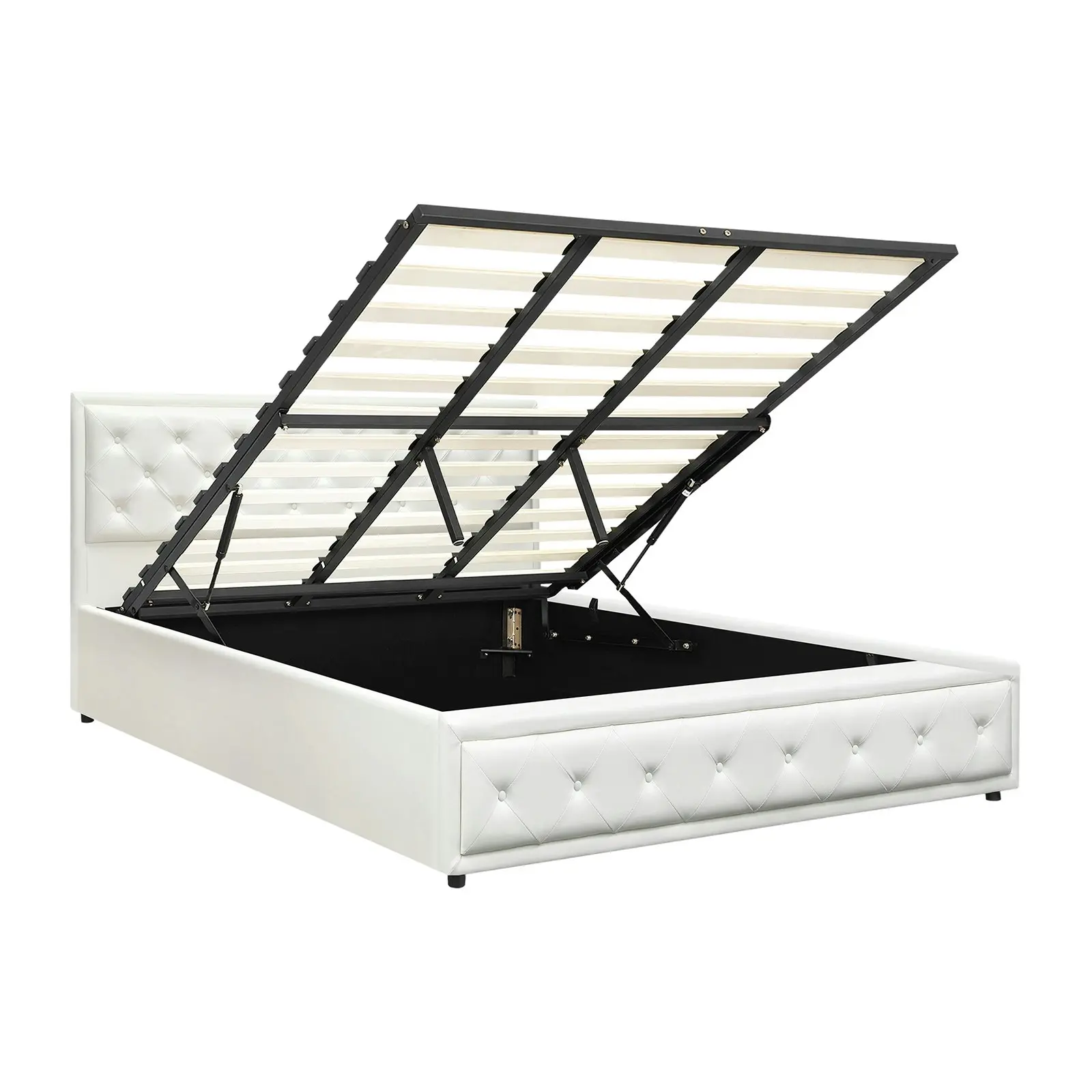 Oikiture Bed Frame King Size Gas Lift Base With Storage White Leather