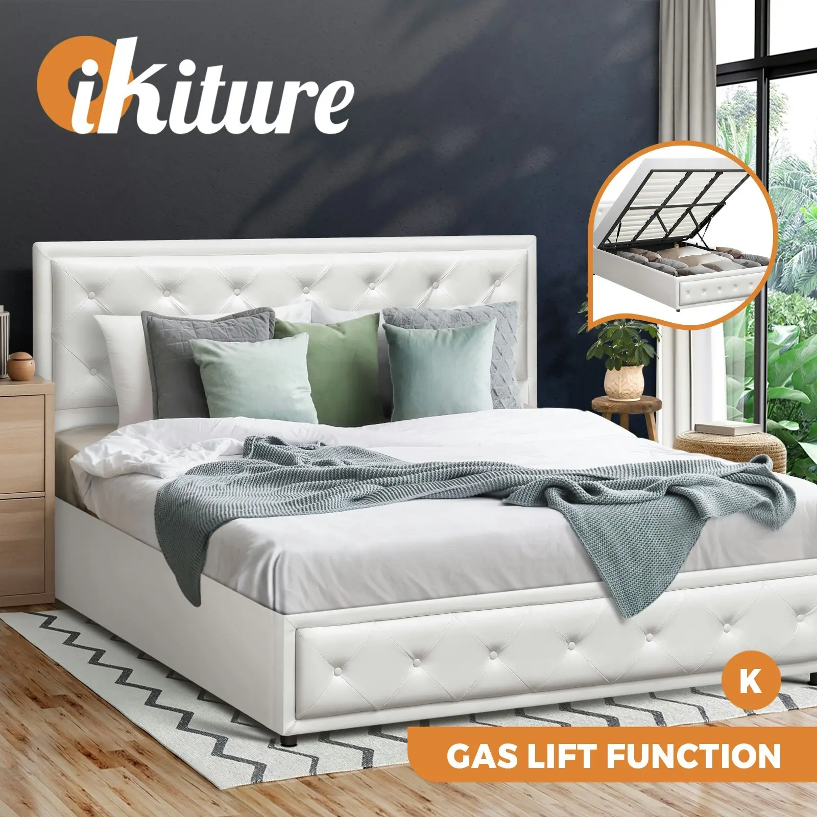 Oikiture Bed Frame King Size Gas Lift Base With Storage White Leather