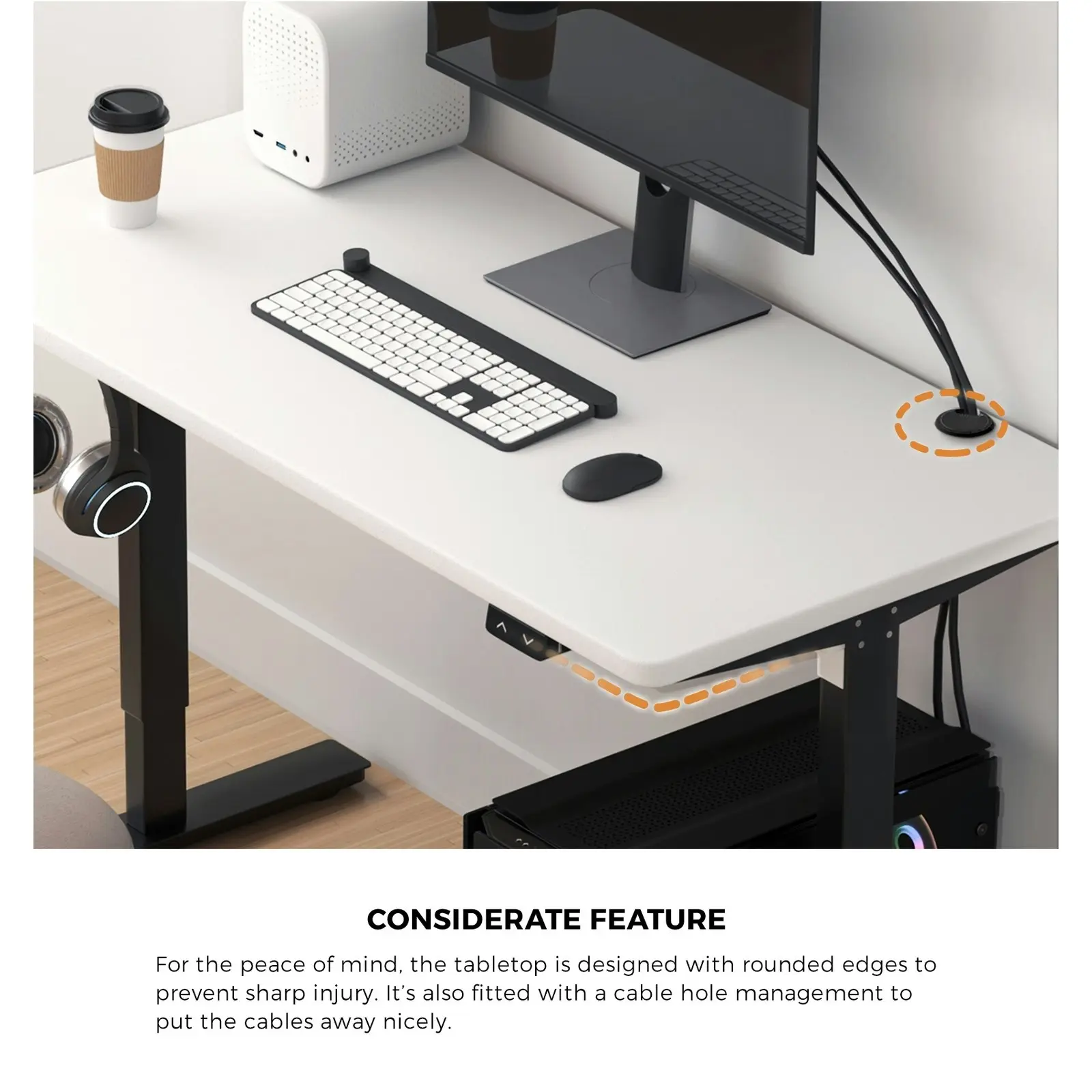 Oikiture 140cm Electric Standing Desk Single Motor Black Frame White Desktop