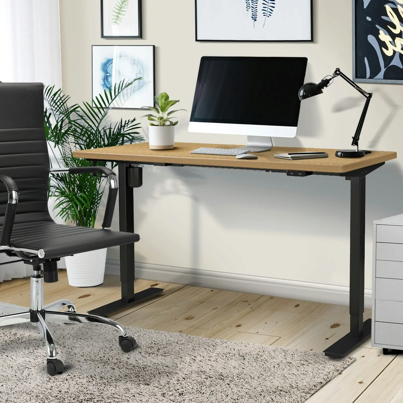 Oikiture 140cm Electric Standing Desk Single Motor Black Frame OAK Desktop