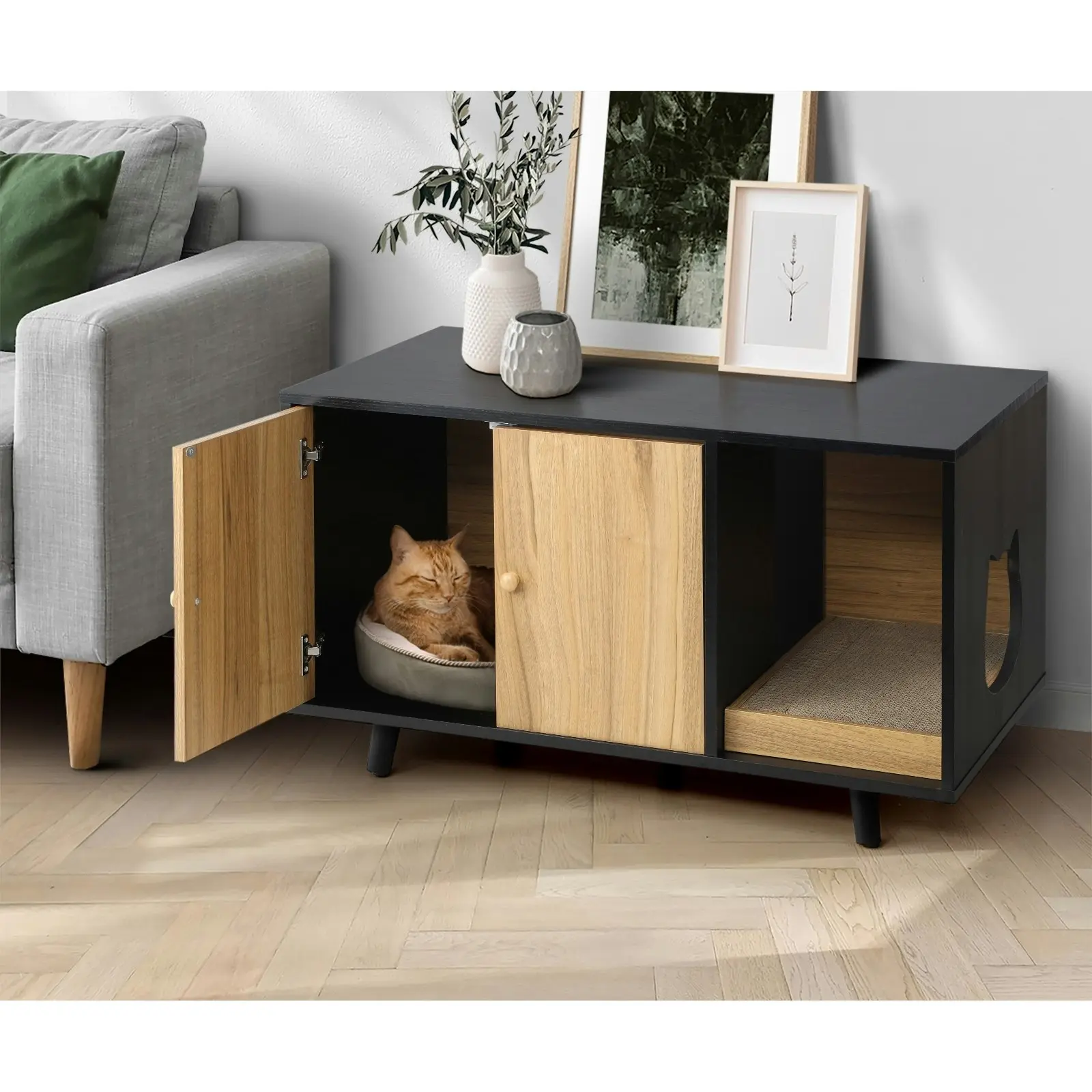 Alopet Cat Litter Box Enclosure Wooden Side Table Storage Cabinet W/ Scratcher