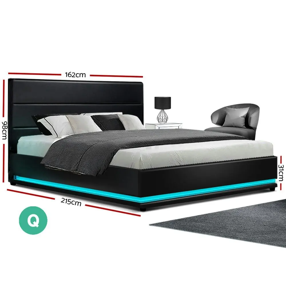 Artiss Bed Frame Queen Size LED Gas Lift Black LUMI