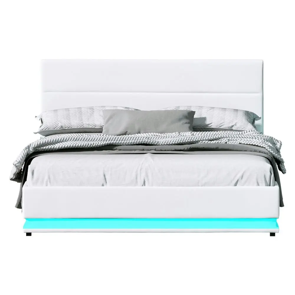 Artiss Bed Frame Queen Size LED Gas Lift White LUMI