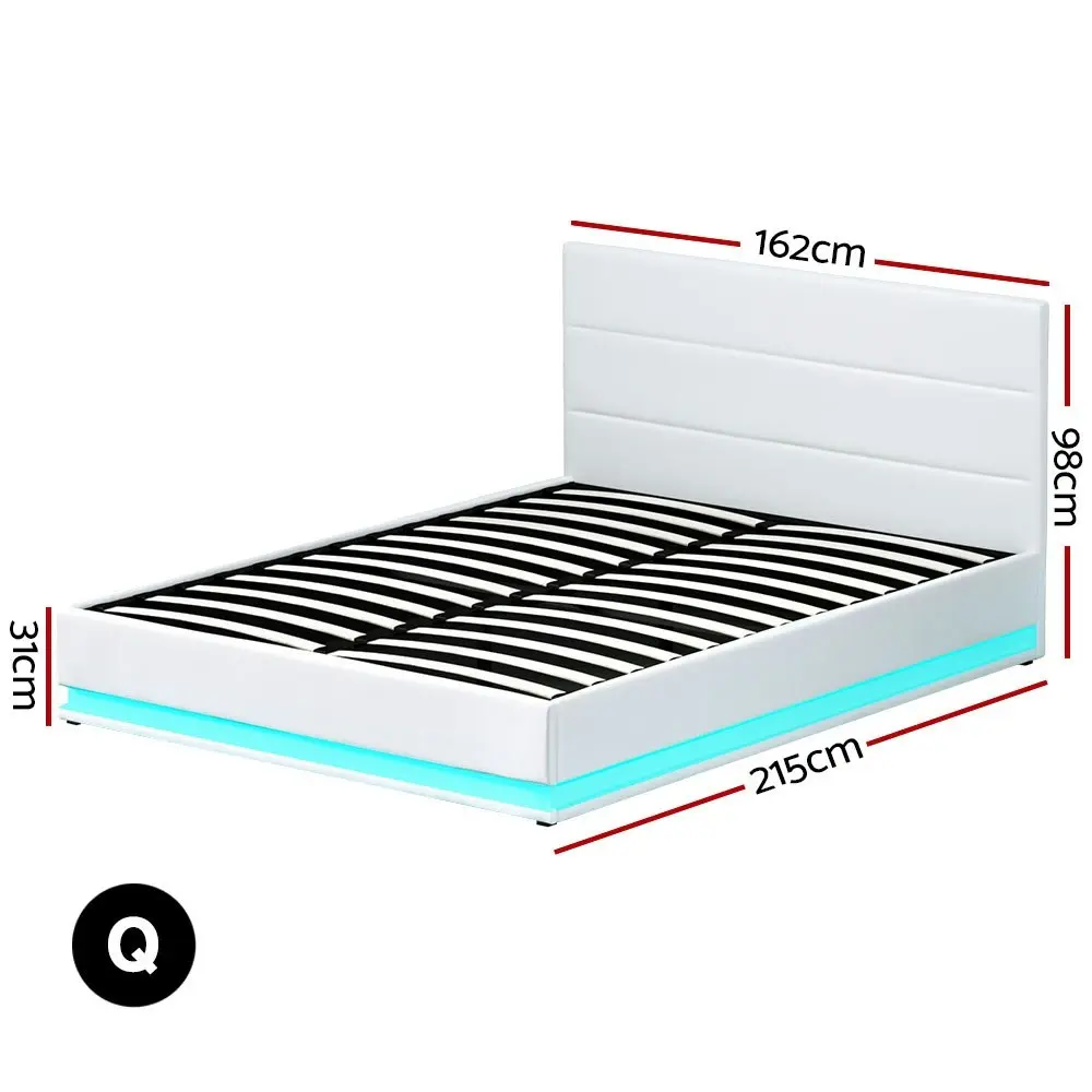 Artiss Bed Frame Queen Size LED Gas Lift White LUMI