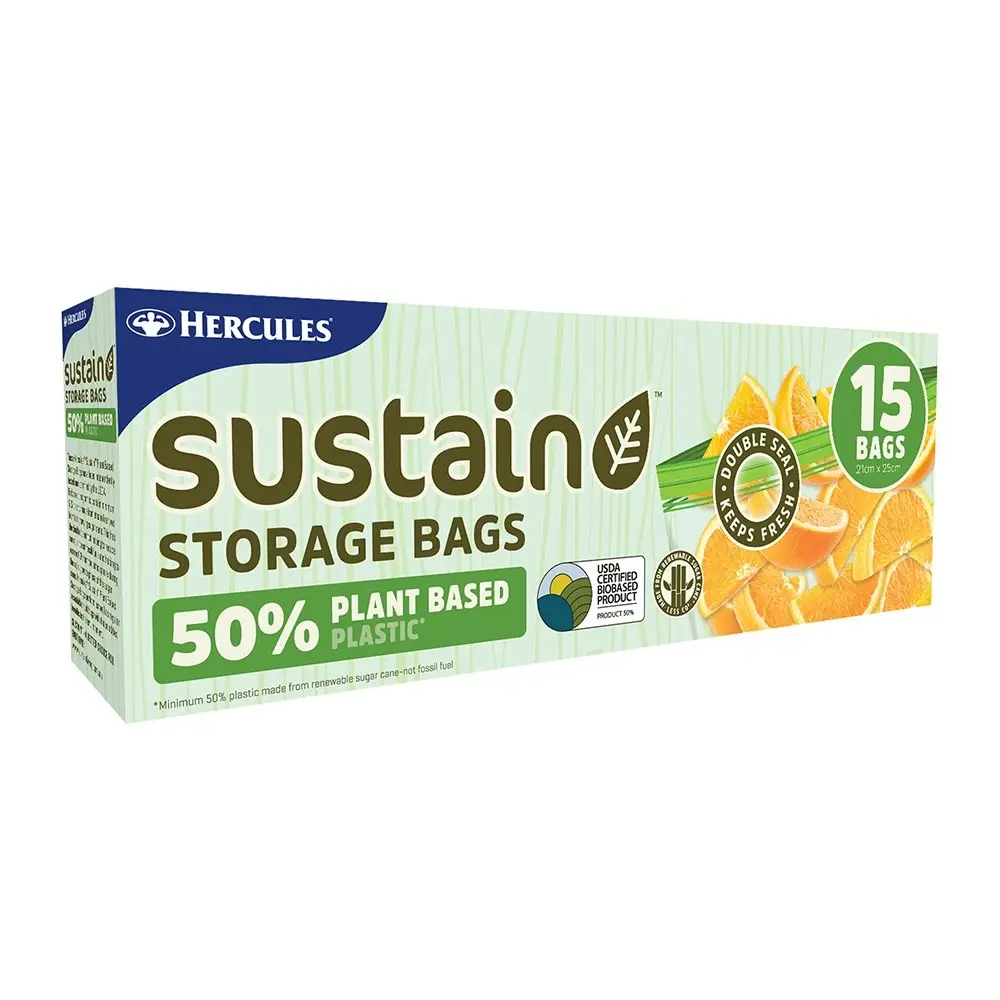 45pc Hercules Sustain Plant Based Plastic 21x25 Cm Resealable Food Storage Bags