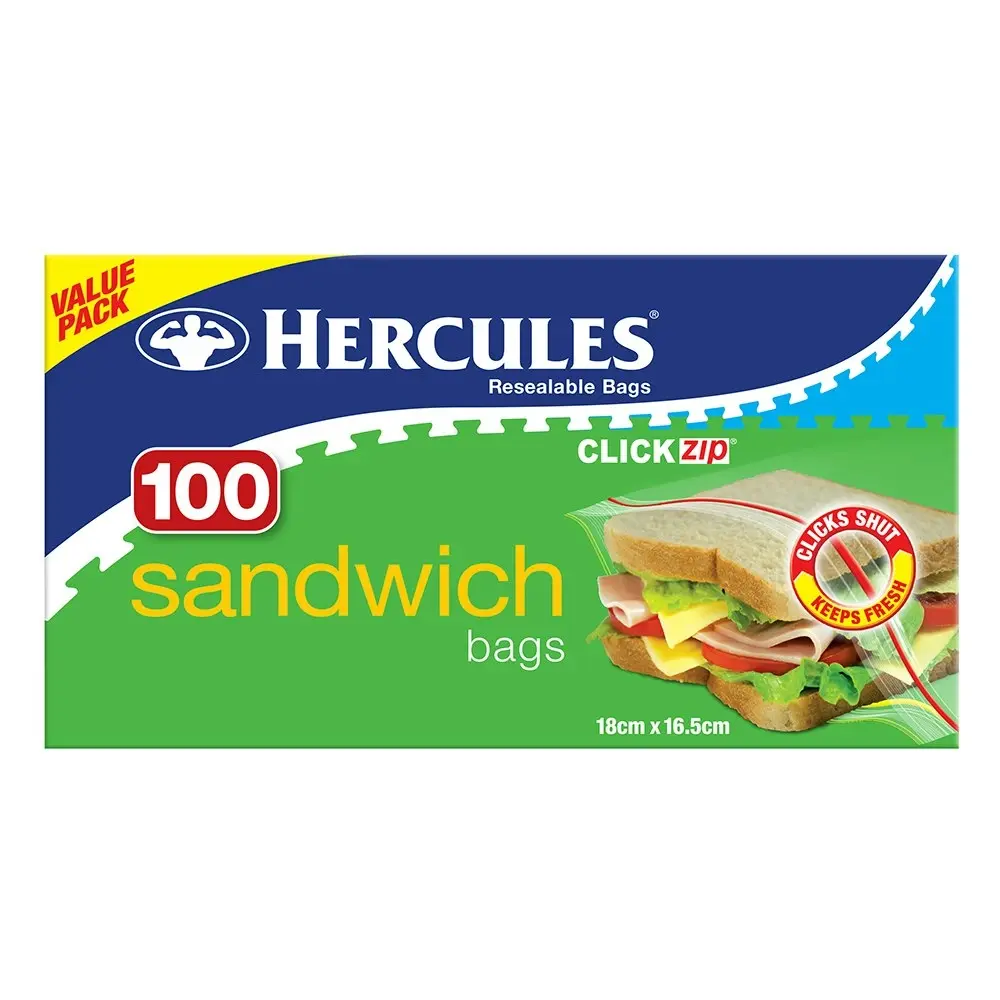 300pc Hercules Click Zip Resealable Sandwich Bag 18x16.5cm Food Storage BPA Free