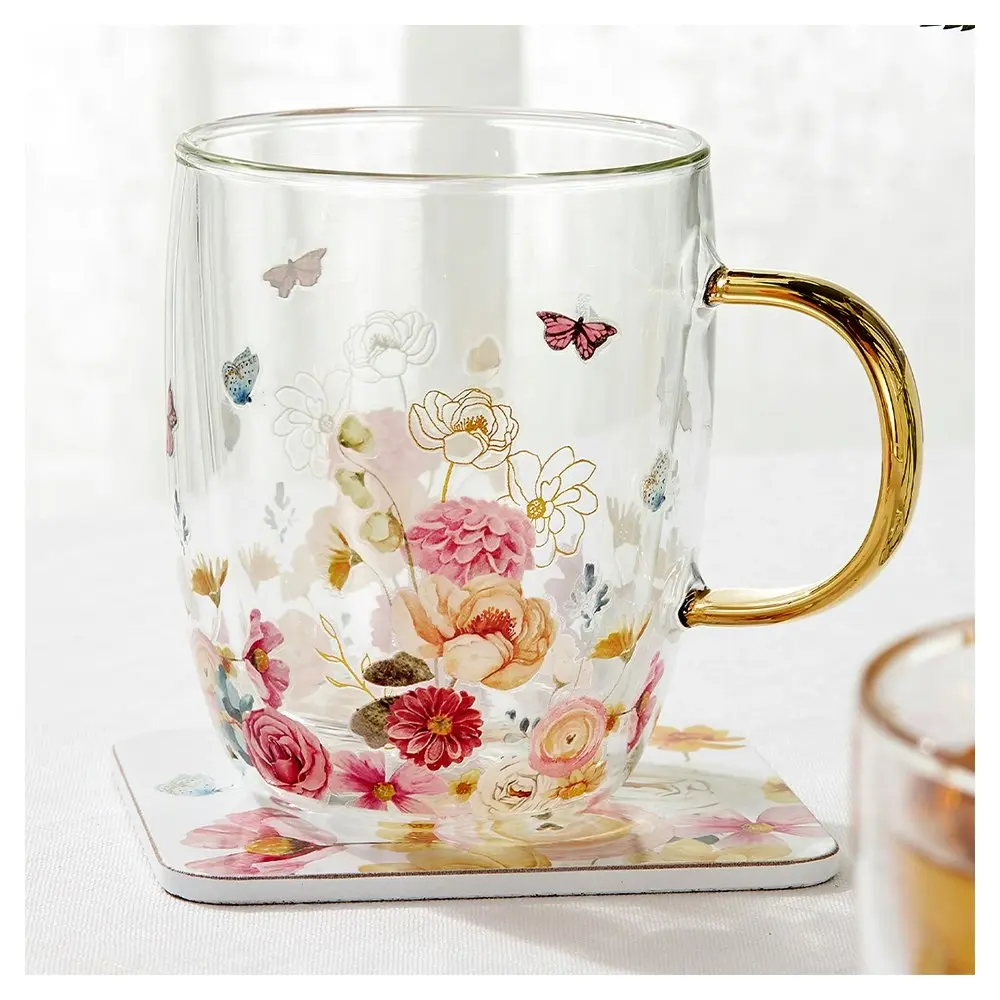 Ashdene 380ml Springtime Soiree Double Walled Glass Clear Flowers Tea Mug/Cup