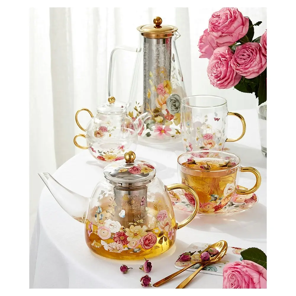 Ashdene Springtime Soiree 1.3L Metallic Infuser Glass Brewing Handle Teapot 24cm