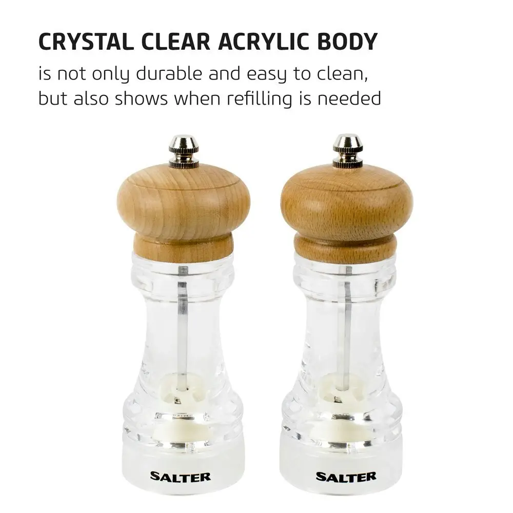 Salter 16cm Beech Wood Kitchen Acrylic Salt & Pepper Mills Grinder Set Clear