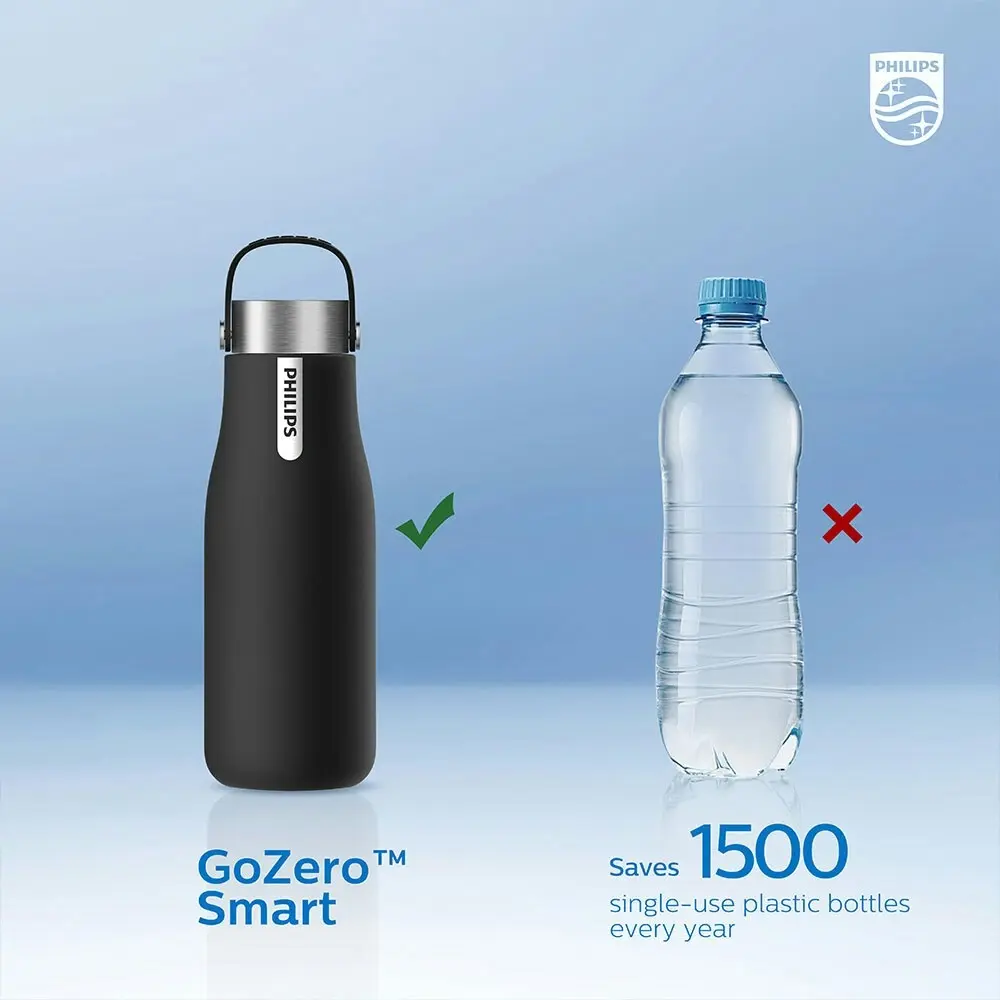 Philips GoZero 590ml Smart Hydration Hot/Cold Water Bottle w/UV Cleaner Black