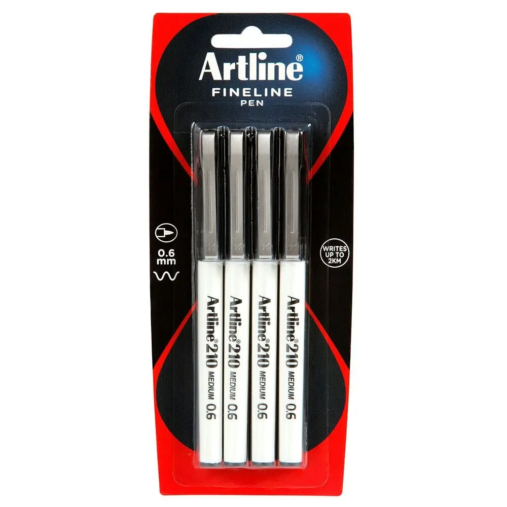 12pc Artline Fineline 210 Medium 0.6mm Line School Drawing Writing Pen Black